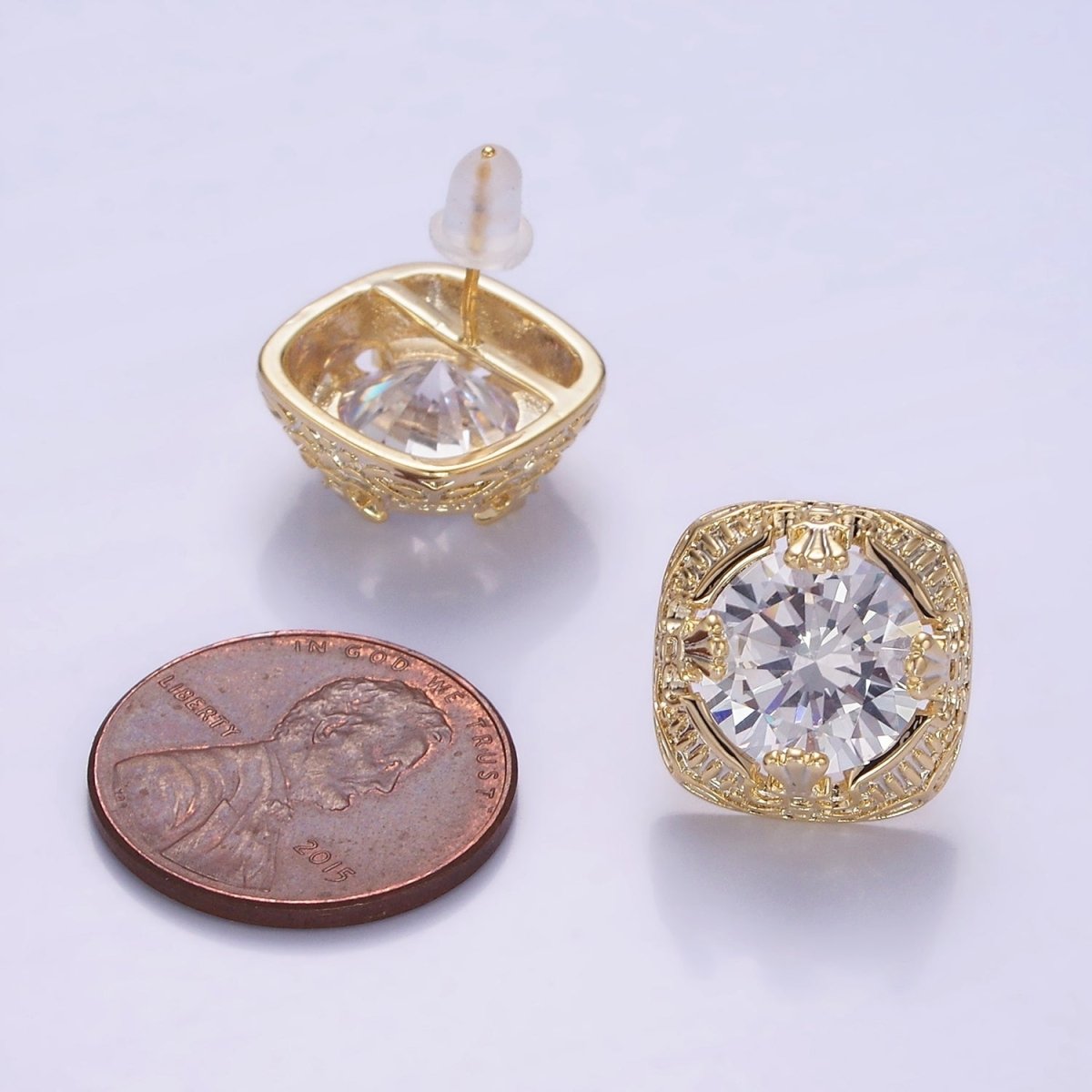 Clear CZ Bezel Rounded Square Stud Earrings in Gold & Silver | V528 V529