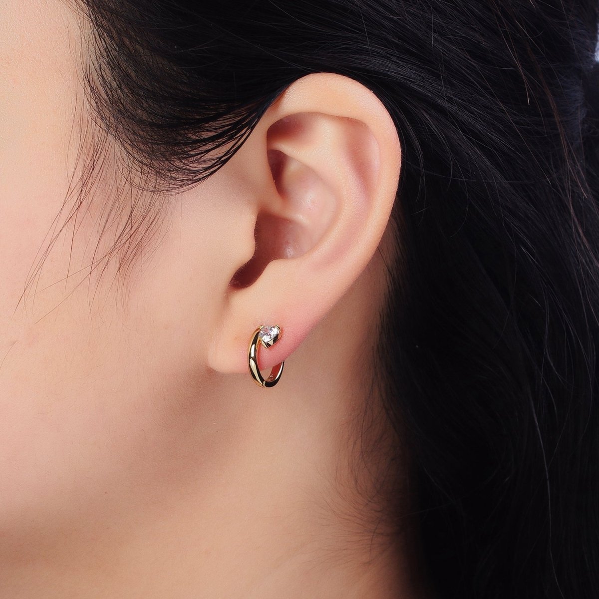 Clear CZ Heart Spiral 12mm Gold Cartilage Minimalist Huggie Earrings | AB429 - DLUXCA