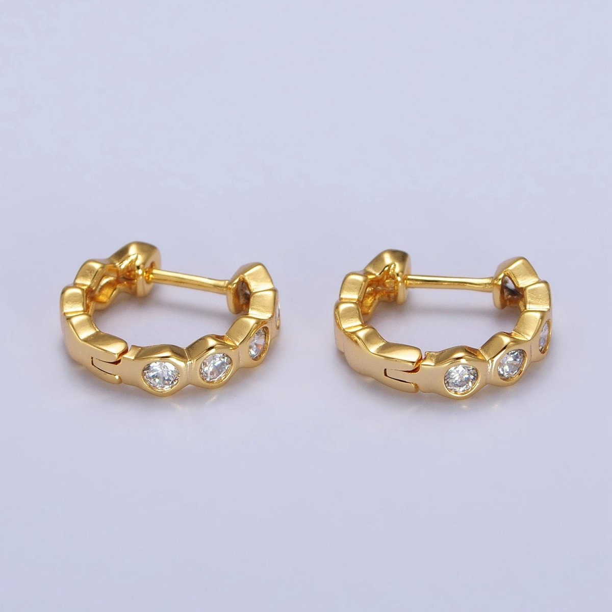 Clear CZ Hexagonal Lined 13.5mm Gold Huggie Earrings | AB122 - DLUXCA