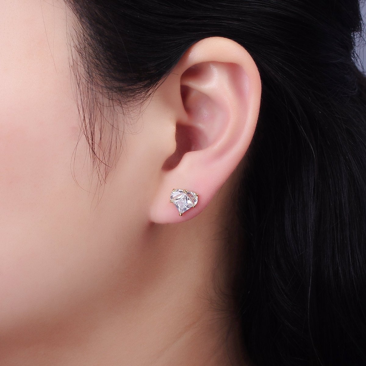 OS Clear CZ Pixel Heart Stud Earrings in Gold & Silver | V526 V527