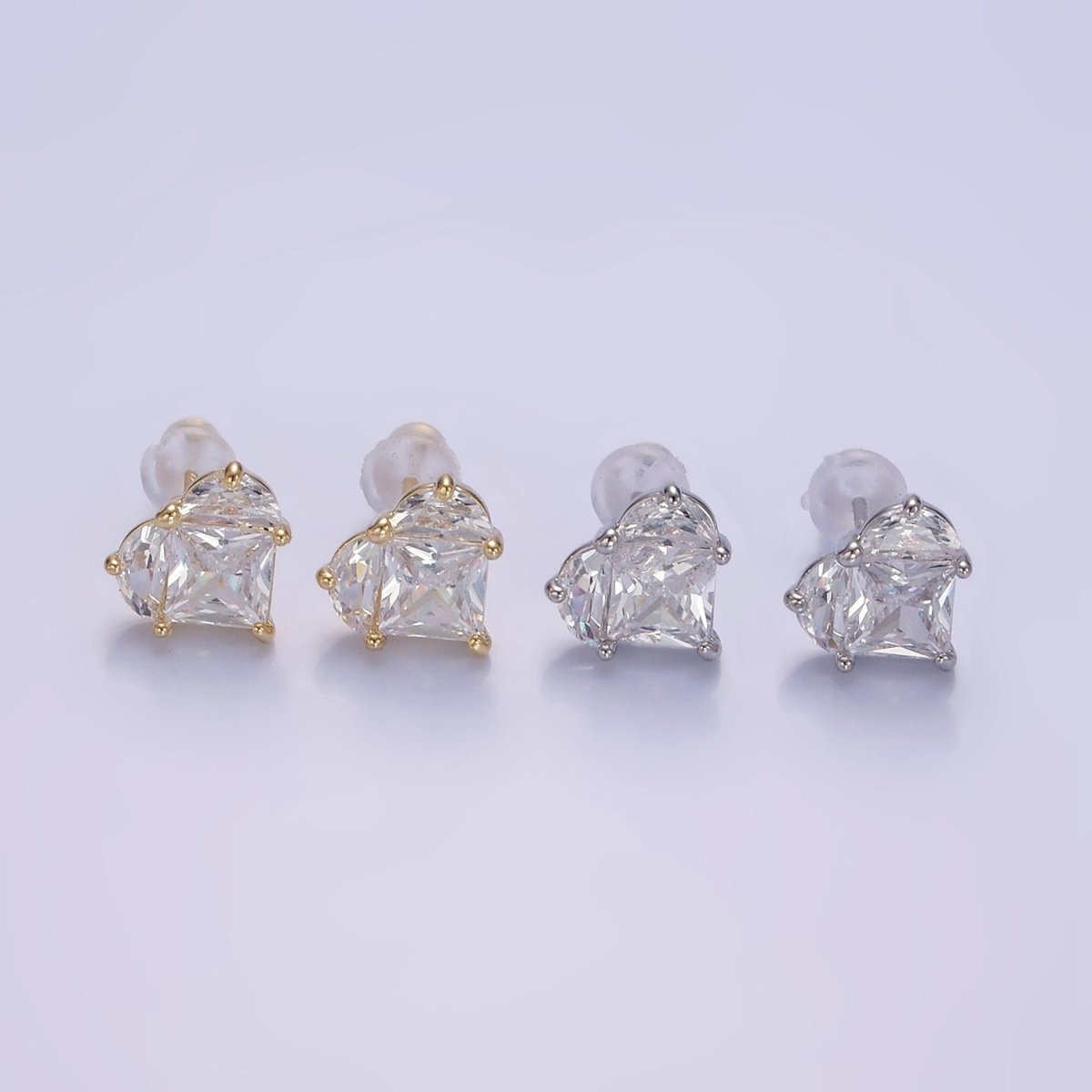 OS Clear CZ Pixel Heart Stud Earrings in Gold & Silver | V526 V527