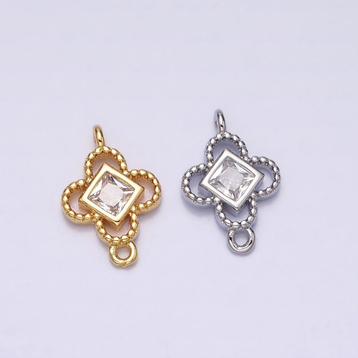 Clear CZ Rhombus Open Beaded Quatrefoil Clover Link Connector in Gold & Silver | Y-846