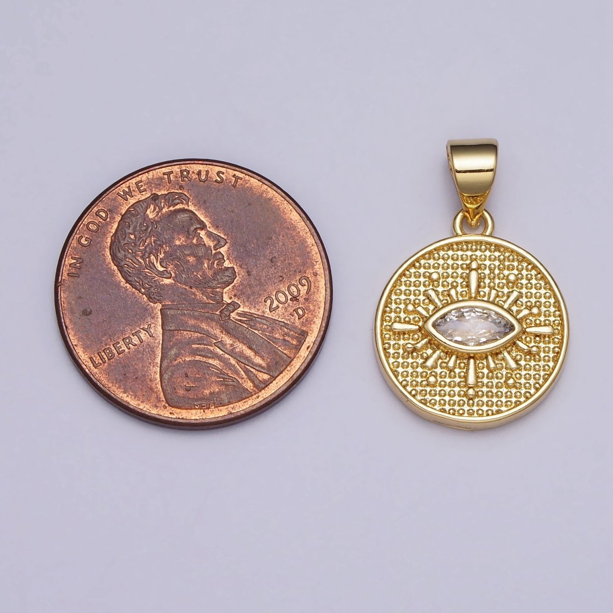 Clear Evil Eye CZ Beaded Round Coin Gold Pendant | AA078 - DLUXCA
