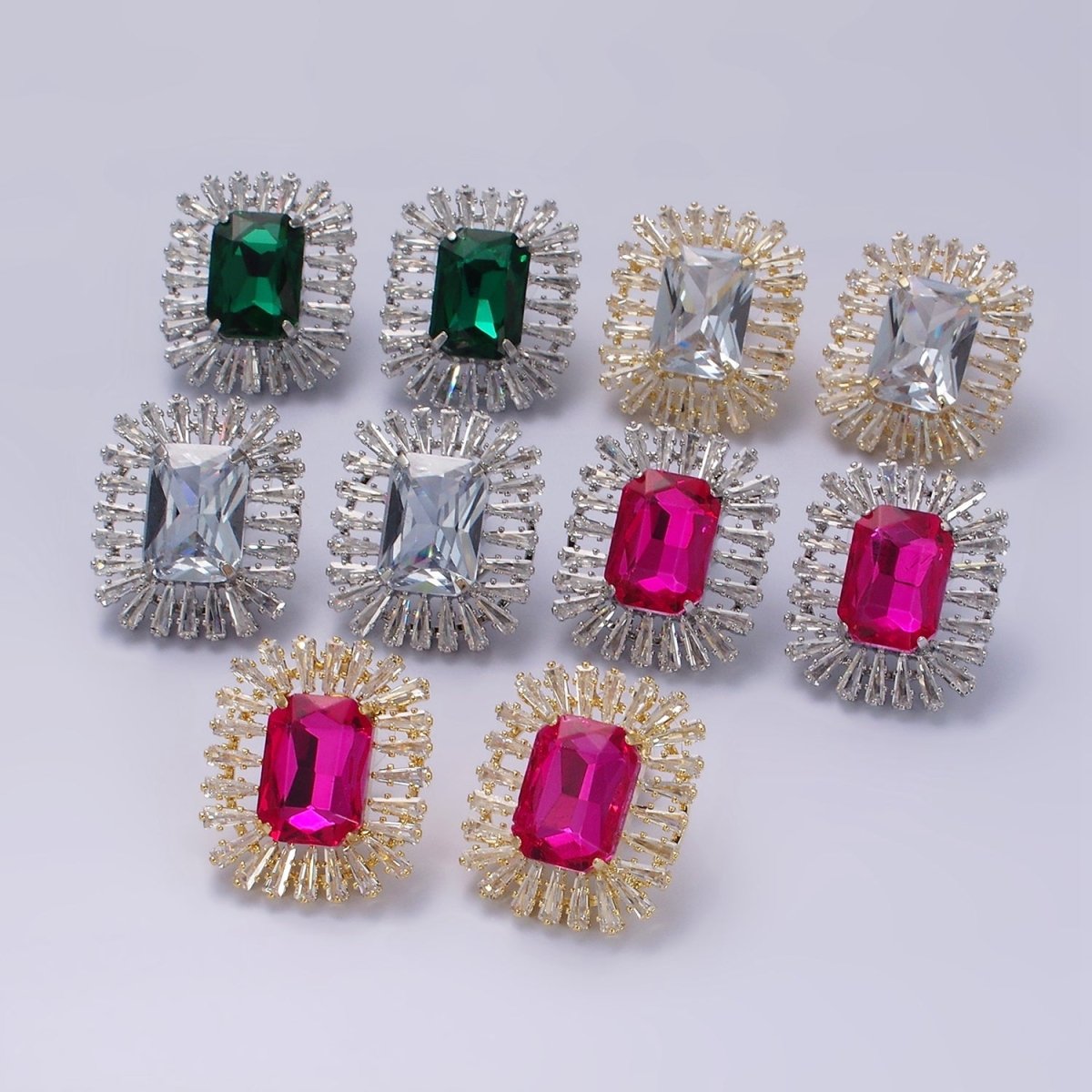 Clear, Fuchsia, Green Baguette Triangle CZ Outline Stud Earrings in Gold & Silver | AE257 - AE261