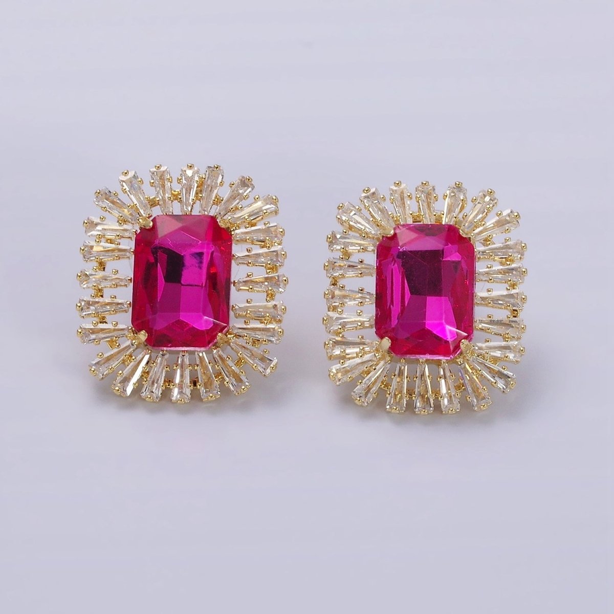 Clear, Fuchsia, Green Baguette Triangle CZ Outline Stud Earrings in Gold & Silver | AE257 - AE261