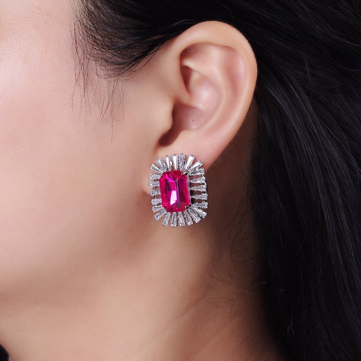 Clear, Fuchsia, Green Baguette Triangle CZ Outline Stud Earrings in Gold & Silver | AE257 - AE261