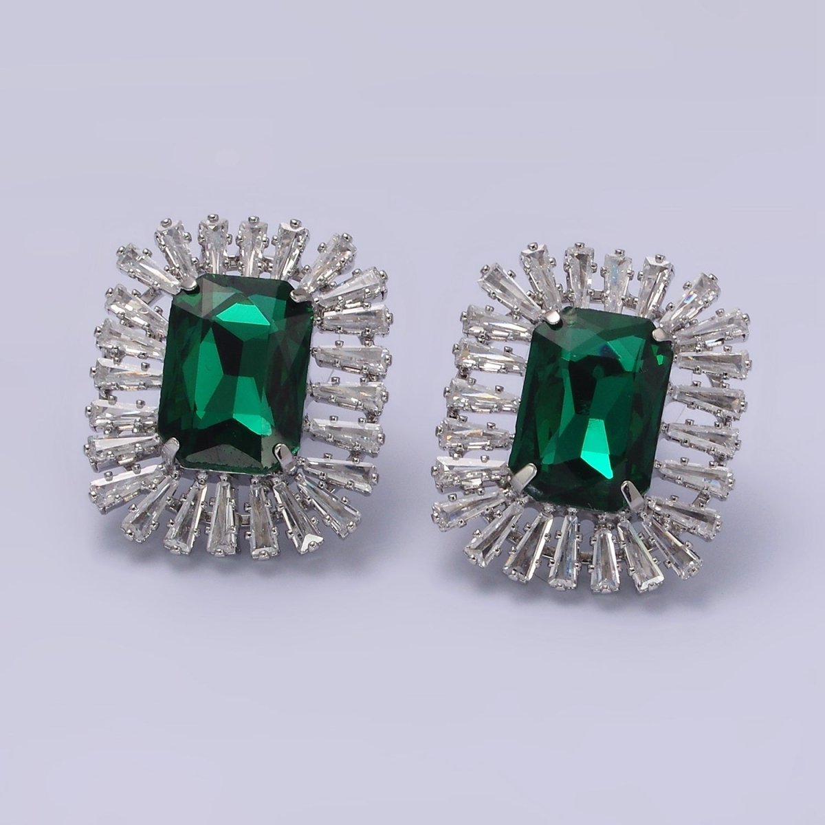 Clear, Fuchsia, Green Baguette Triangle CZ Outline Stud Earrings in Gold & Silver | AE257 - AE261