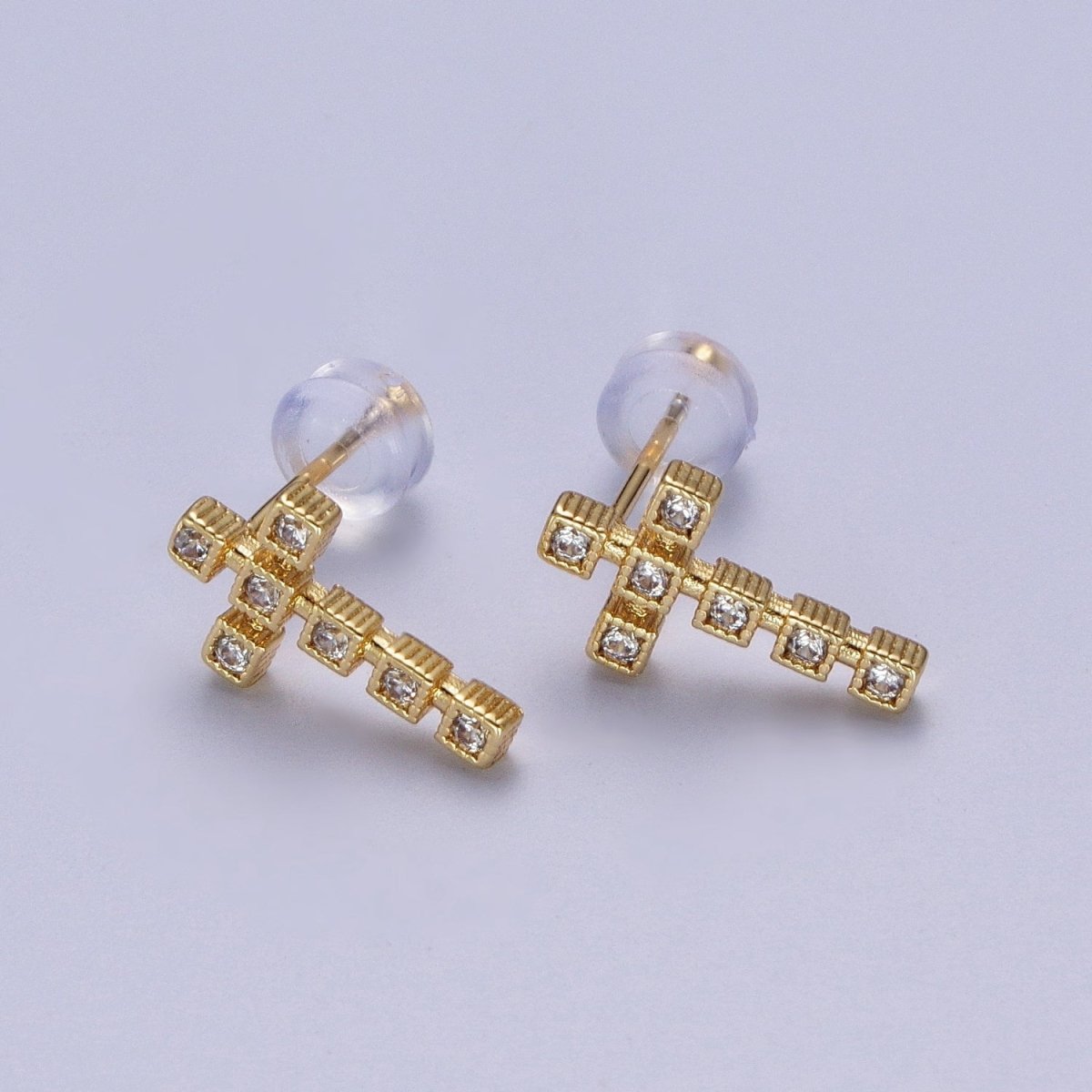Clear Green Fuchsia Cross Square Baguette Cubic Zirconia CZ Gold Religious Stud Earrings | P-279 P-280 P-281