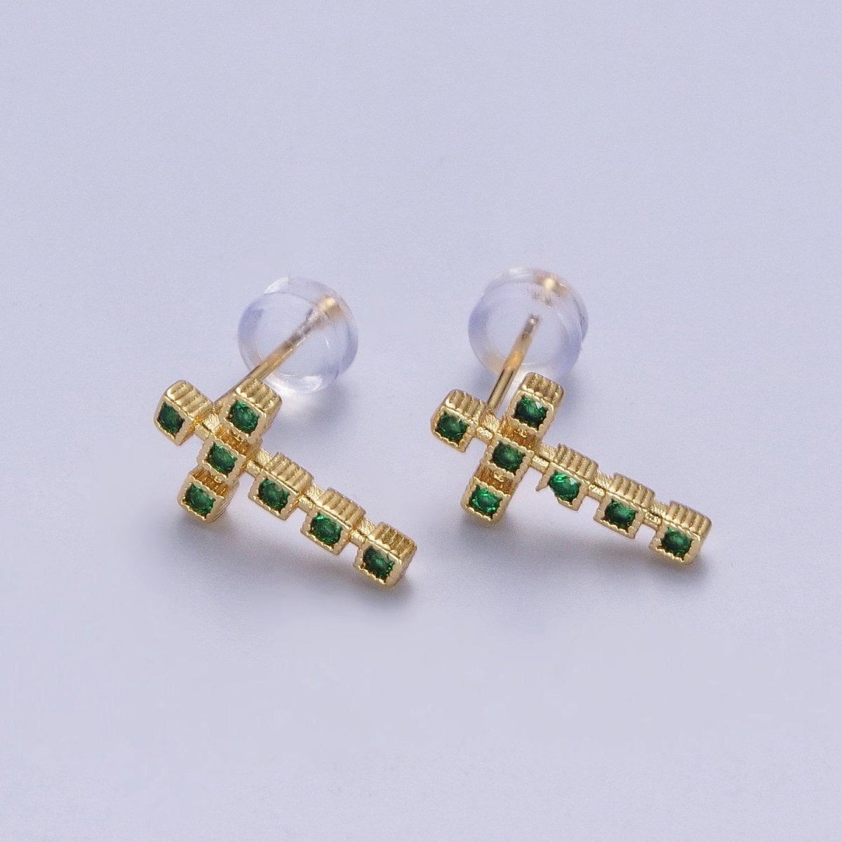 Clear Green Fuchsia Cross Square Baguette Cubic Zirconia CZ Gold Religious Stud Earrings | P-279 P-280 P-281