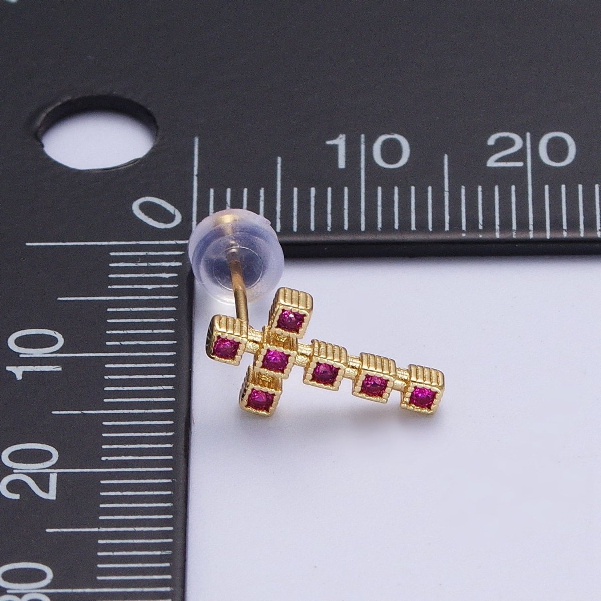 Clear Green Fuchsia Cross Square Baguette Cubic Zirconia CZ Gold Religious Stud Earrings | P-279 P-280 P-281