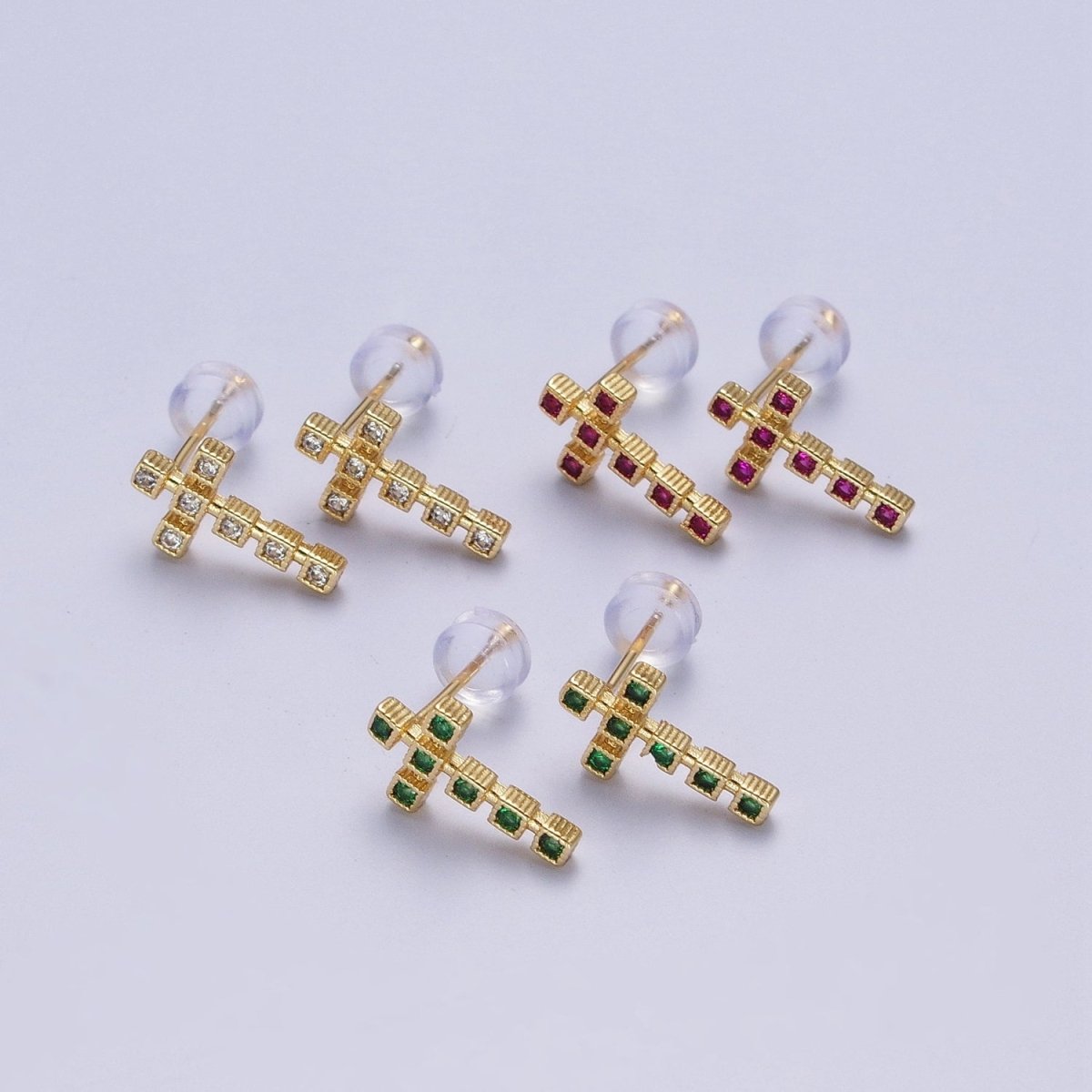 Clear Green Fuchsia Cross Square Baguette Cubic Zirconia CZ Gold Religious Stud Earrings | P-279 P-280 P-281