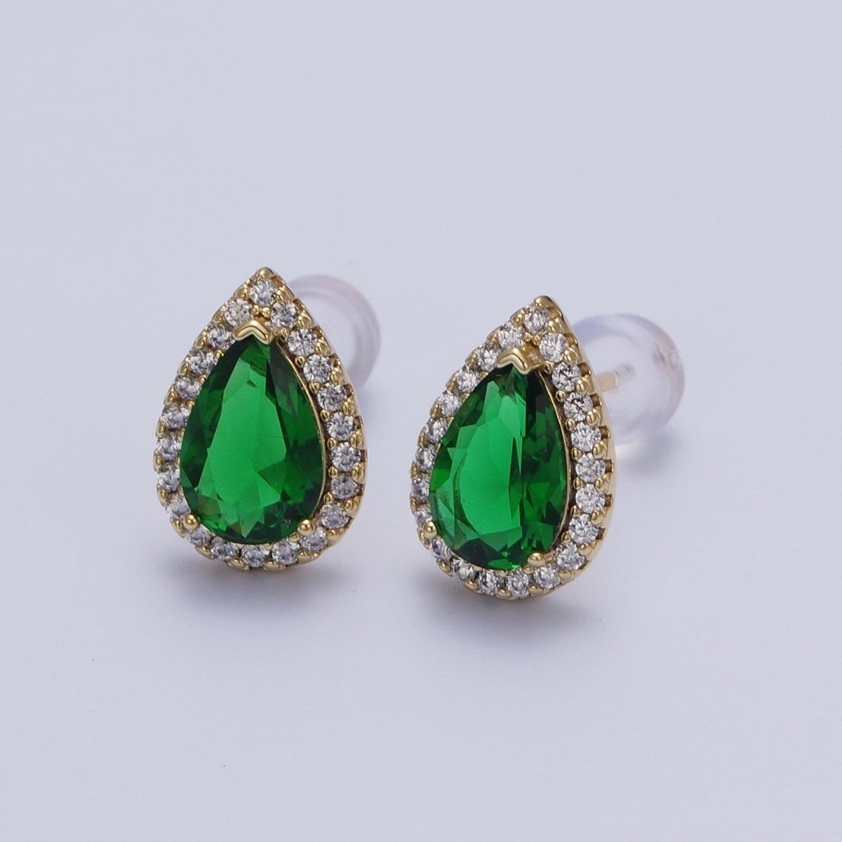 Clear, Green Teardrop Micro Paved CZ Gold Stud Earrings | AD-191 AD-192