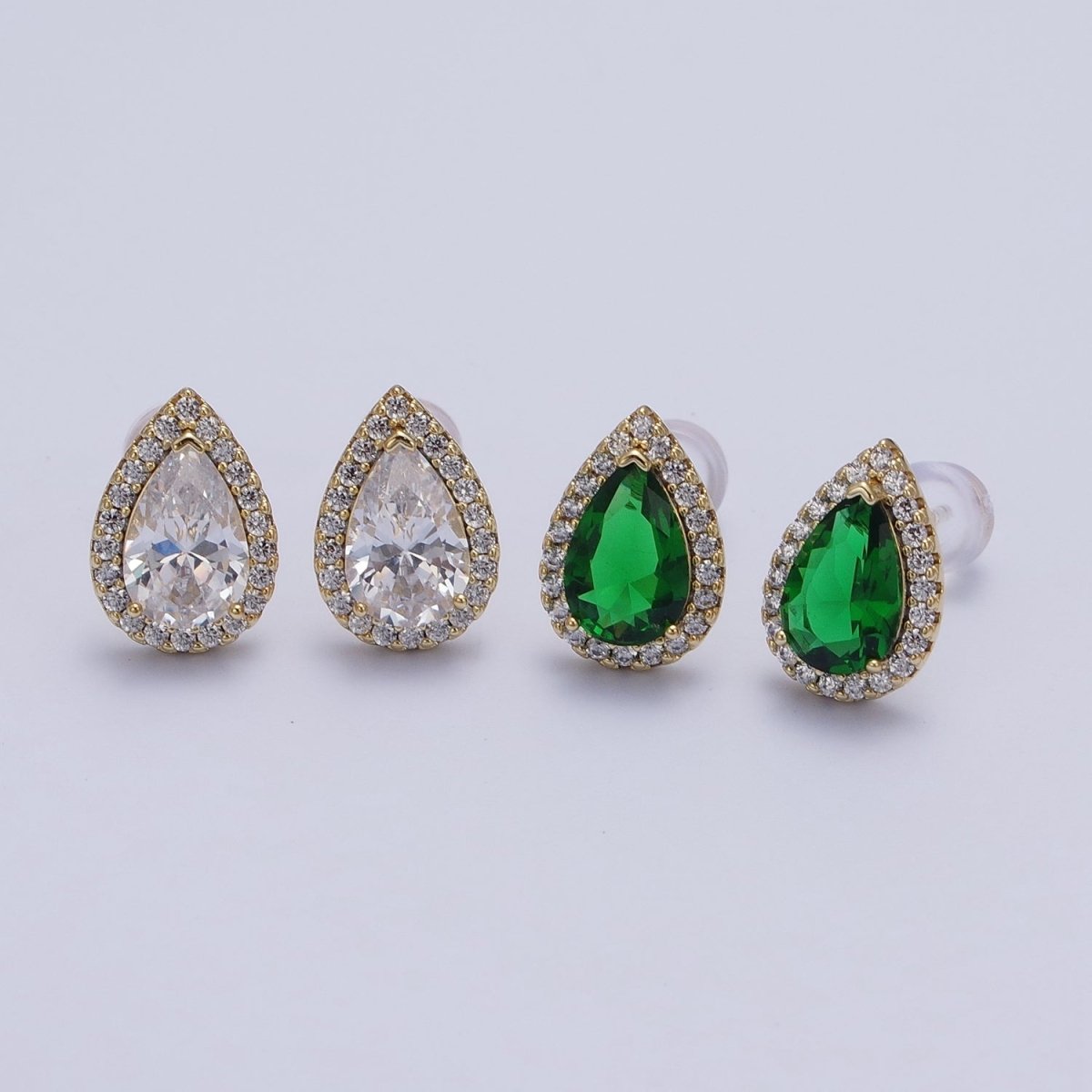 Clear, Green Teardrop Micro Paved CZ Gold Stud Earrings | AD-191 AD-192