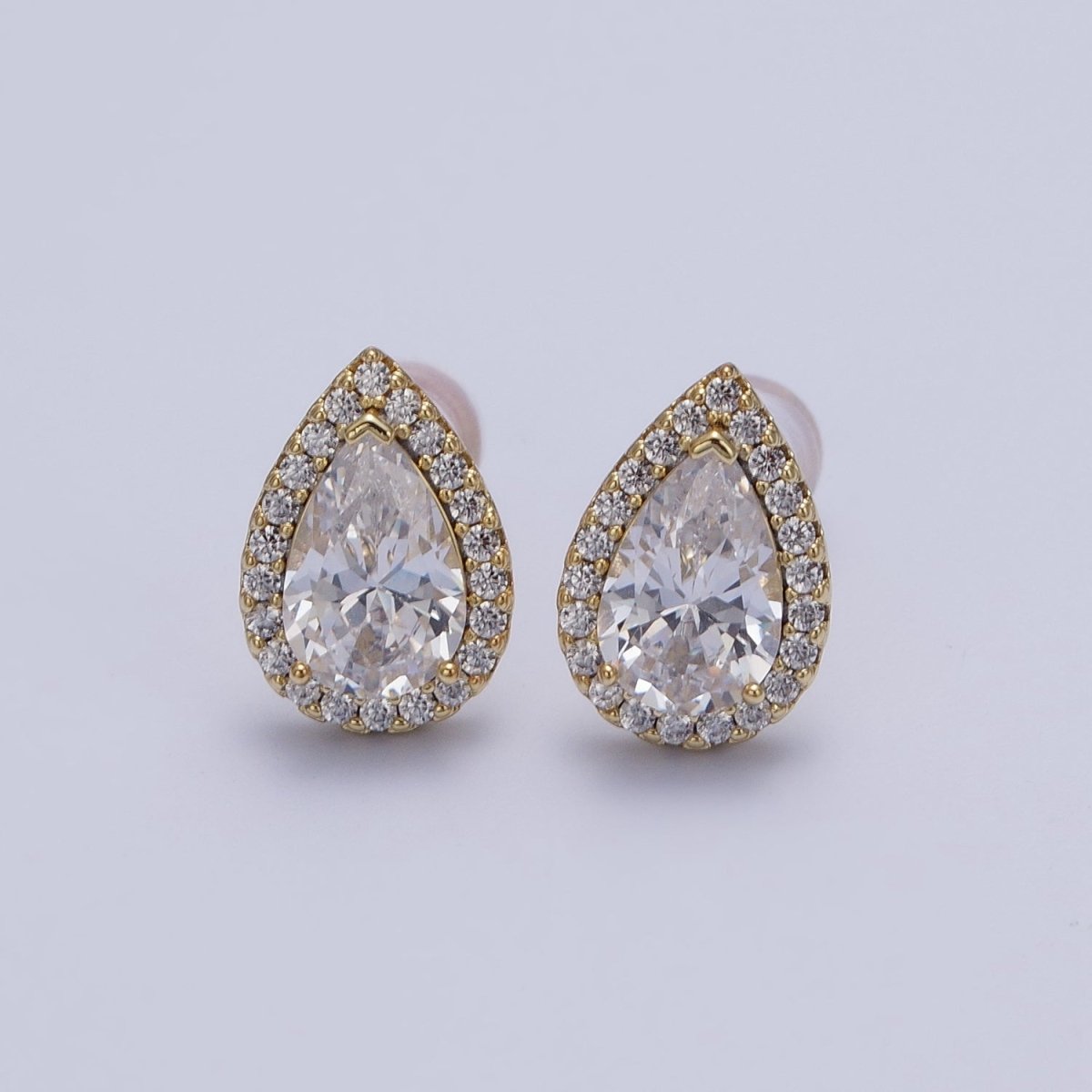 Clear, Green Teardrop Micro Paved CZ Gold Stud Earrings | AD-191 AD-192