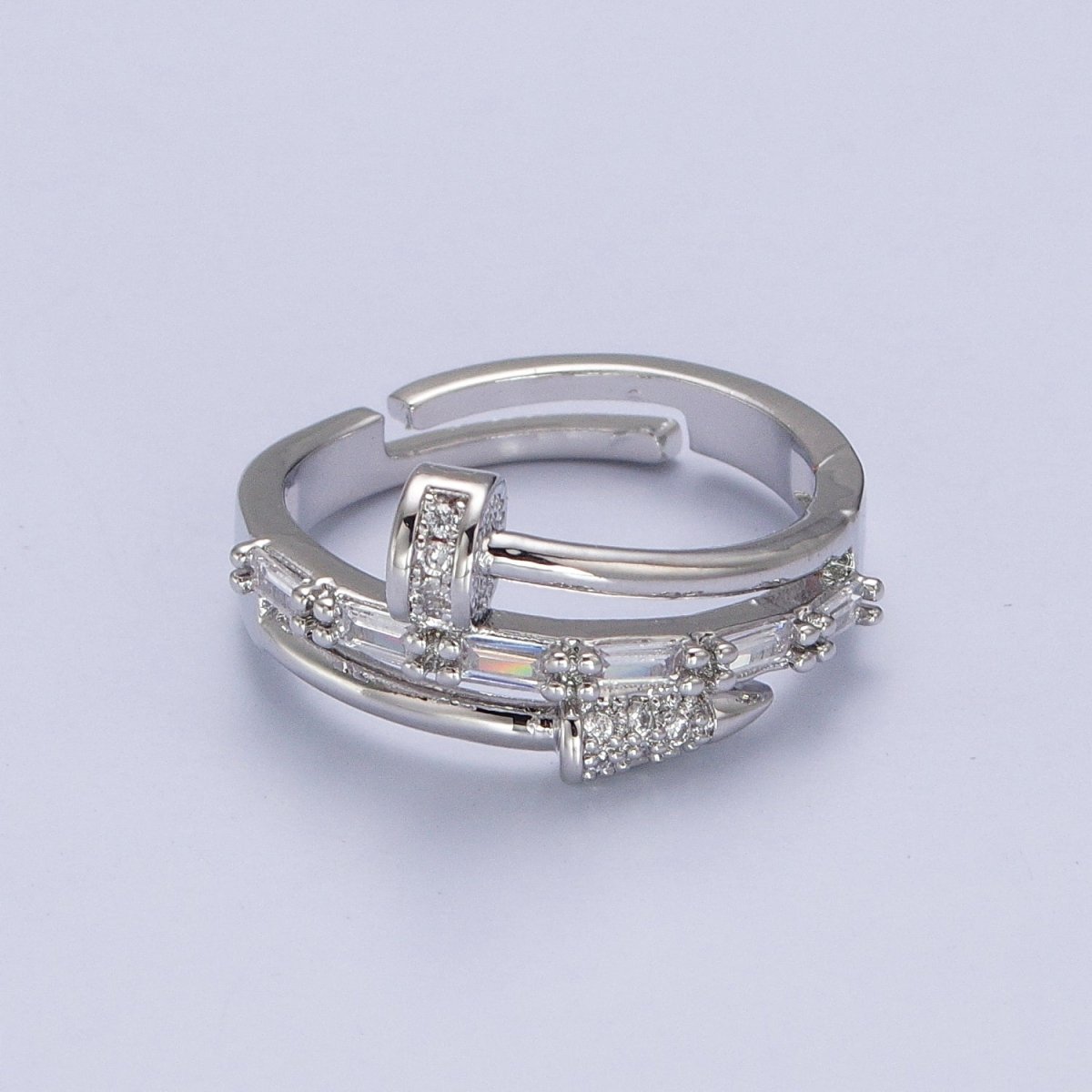 Clear Micro Paved Baguette Adjustable Nail Ring in Gold & Silver | O-257 O-258