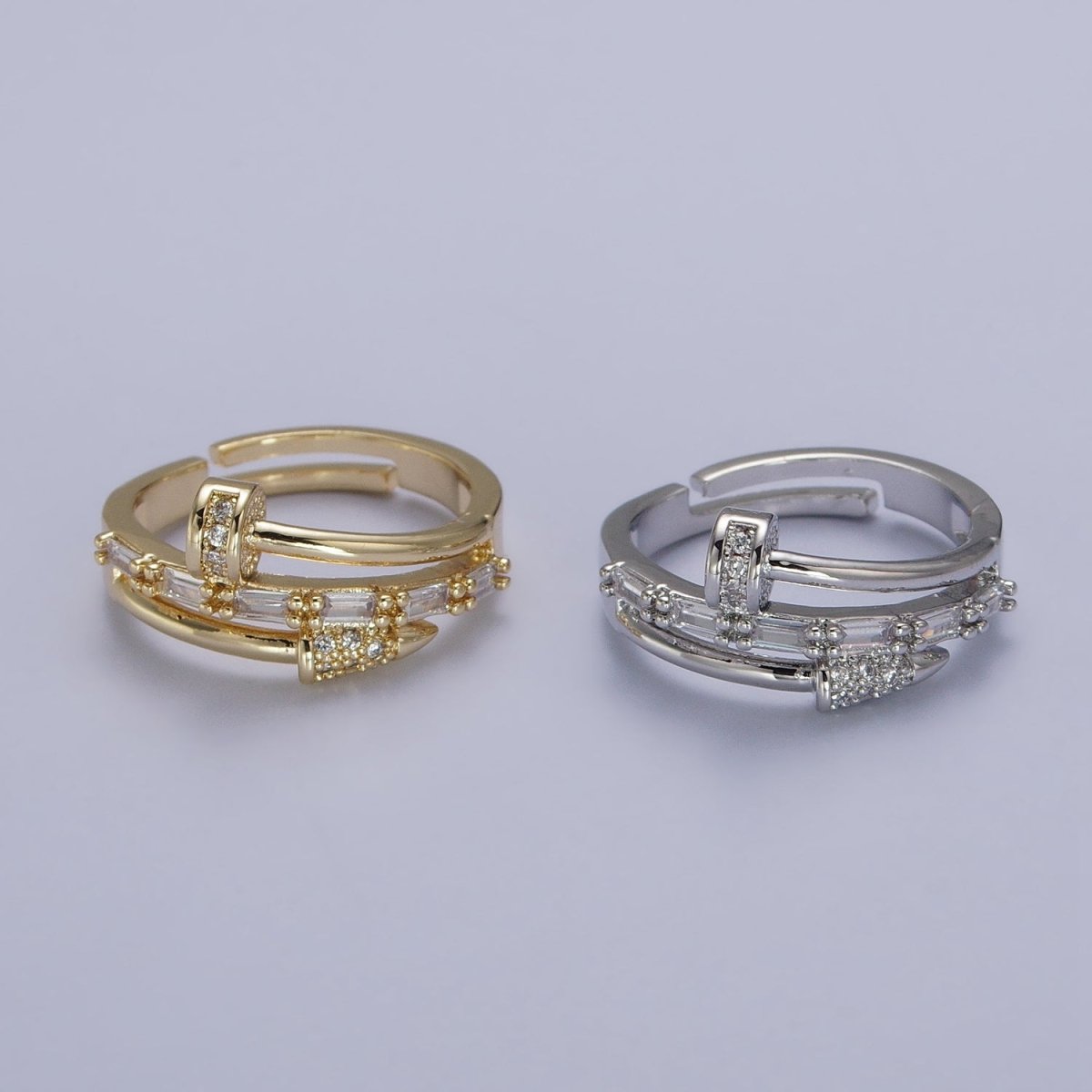 Clear Micro Paved Baguette Adjustable Nail Ring in Gold & Silver | O-257 O-258