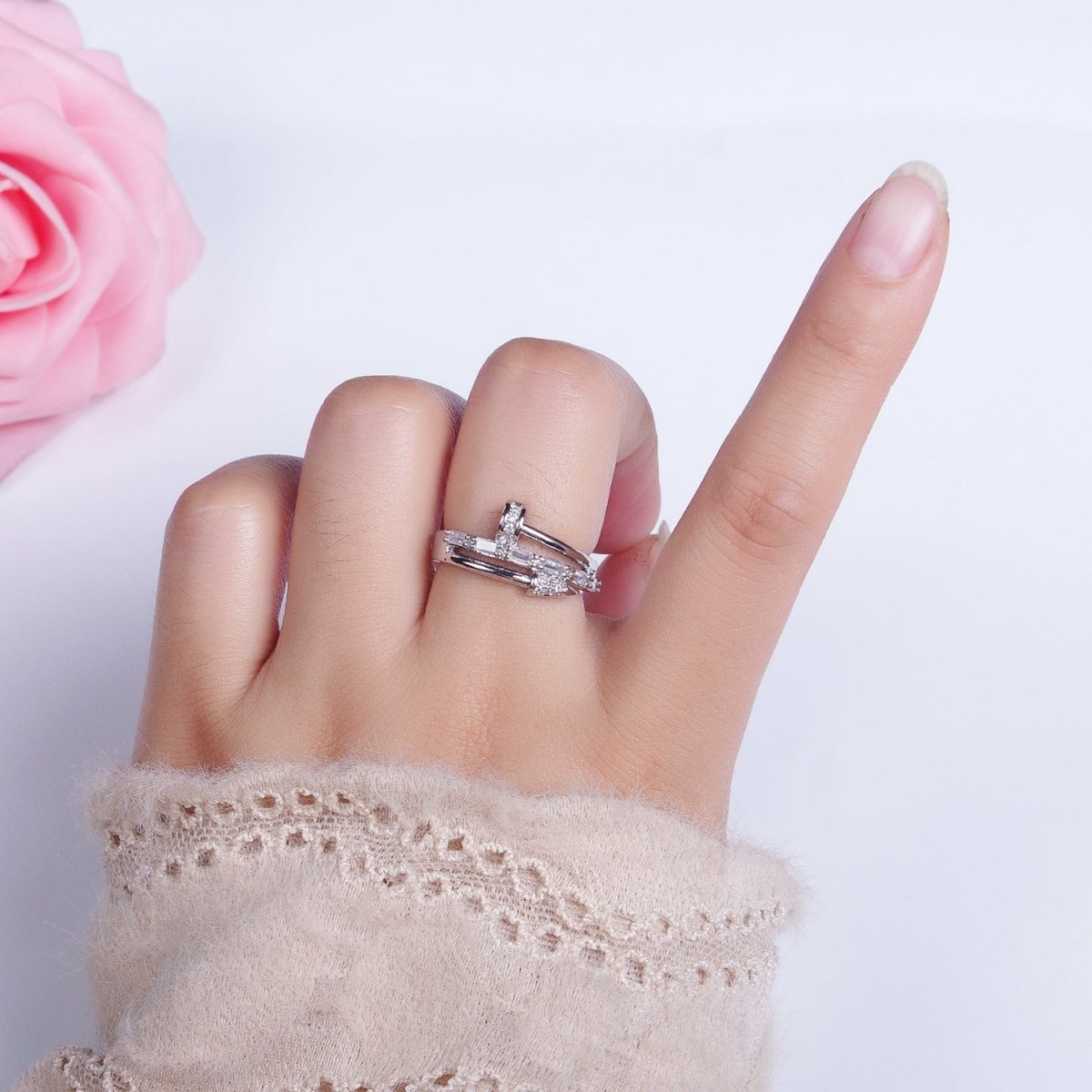 Clear Micro Paved Baguette Adjustable Nail Ring in Gold & Silver | O-257 O-258