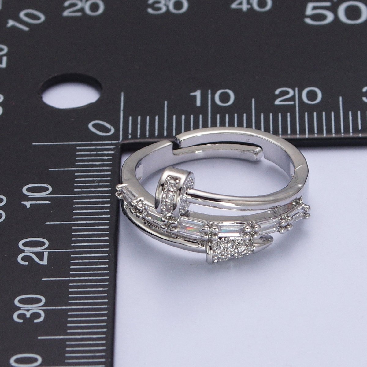 Clear Micro Paved Baguette Adjustable Nail Ring in Gold & Silver | O-257 O-258