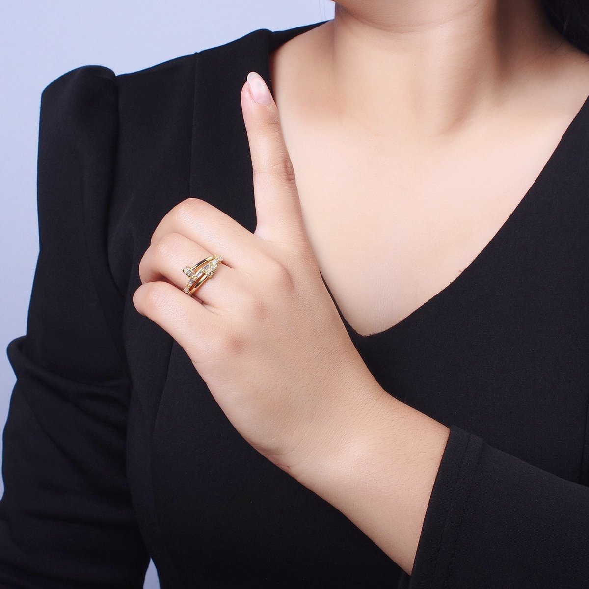 Clear Micro Paved Baguette Adjustable Nail Ring in Gold & Silver | O-257 O-258