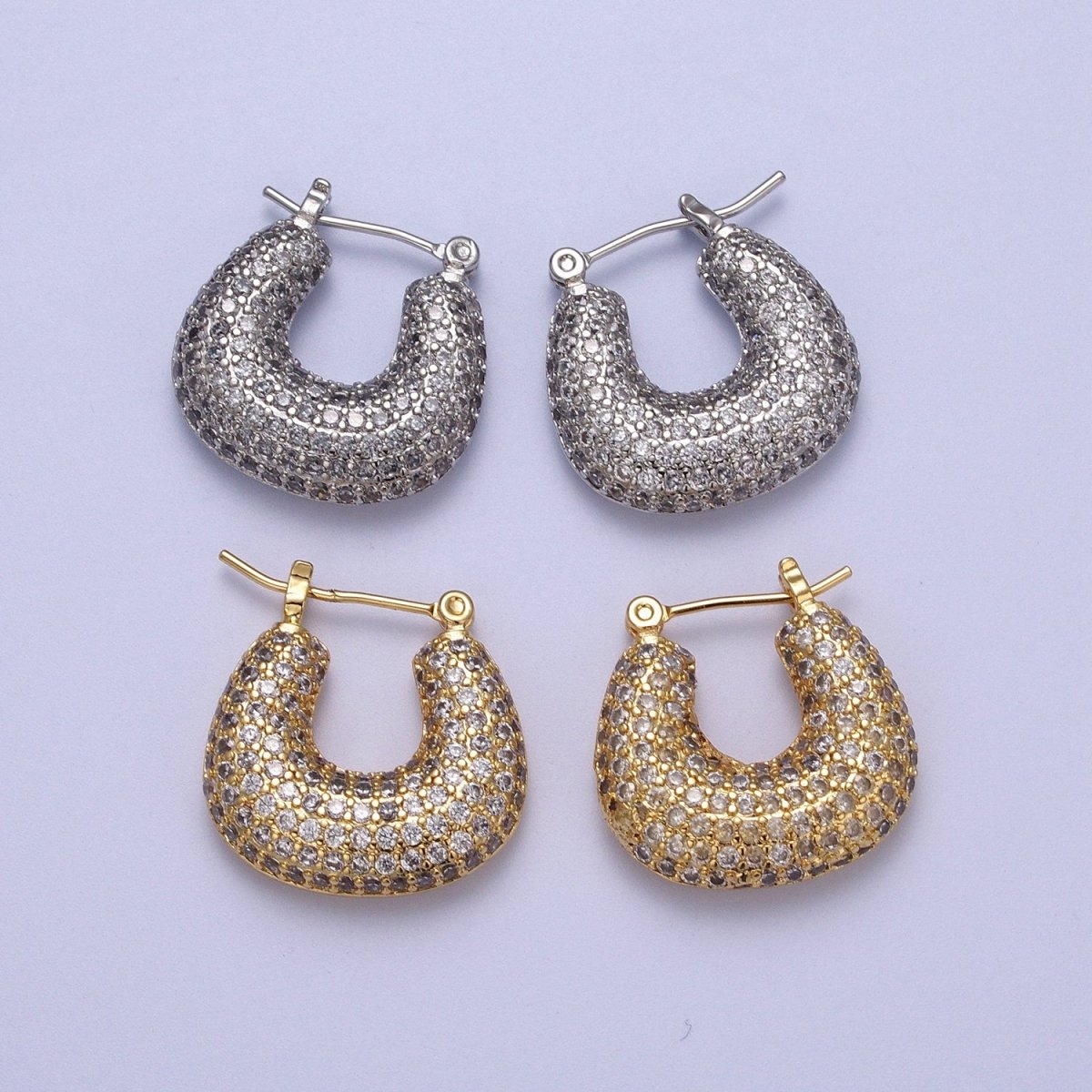 Clear Micro Paved Chubby U-Shaped Latch Earrings in Gold & Silver | AB039 AB040