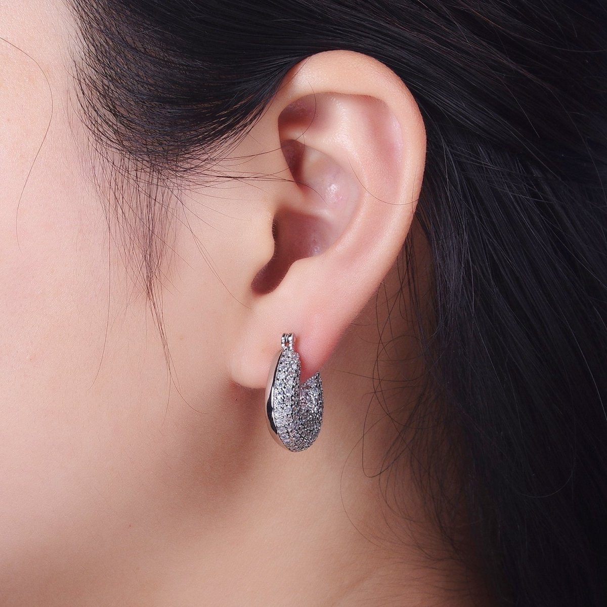 Clear Micro Paved Chubby U-Shaped Latch Earrings in Gold & Silver | AB039 AB040