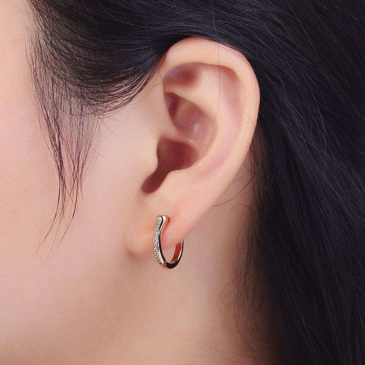 Clear Micro Paved CZ 15mm Pinky Gold Geometric Snake Huggie Earrings | V-039 - DLUXCA