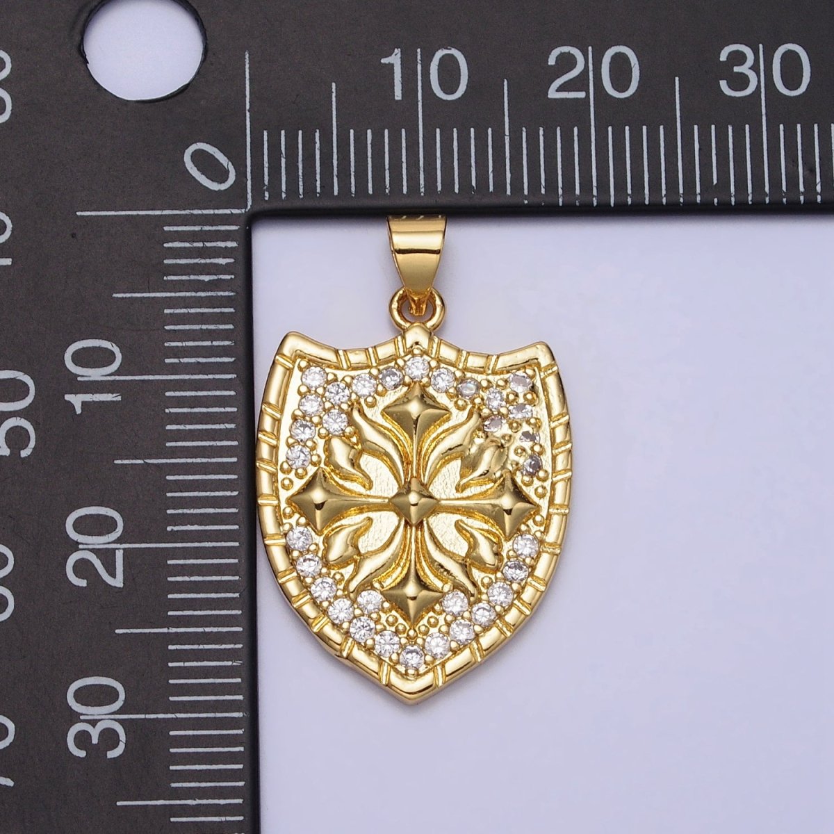 Clear Micro Paved CZ Cross Shield Crest Gold Pendant | AA085 - DLUXCA