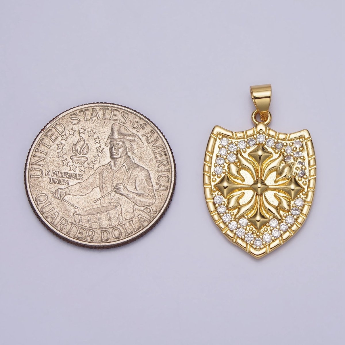 Clear Micro Paved CZ Cross Shield Crest Gold Pendant | AA085 - DLUXCA
