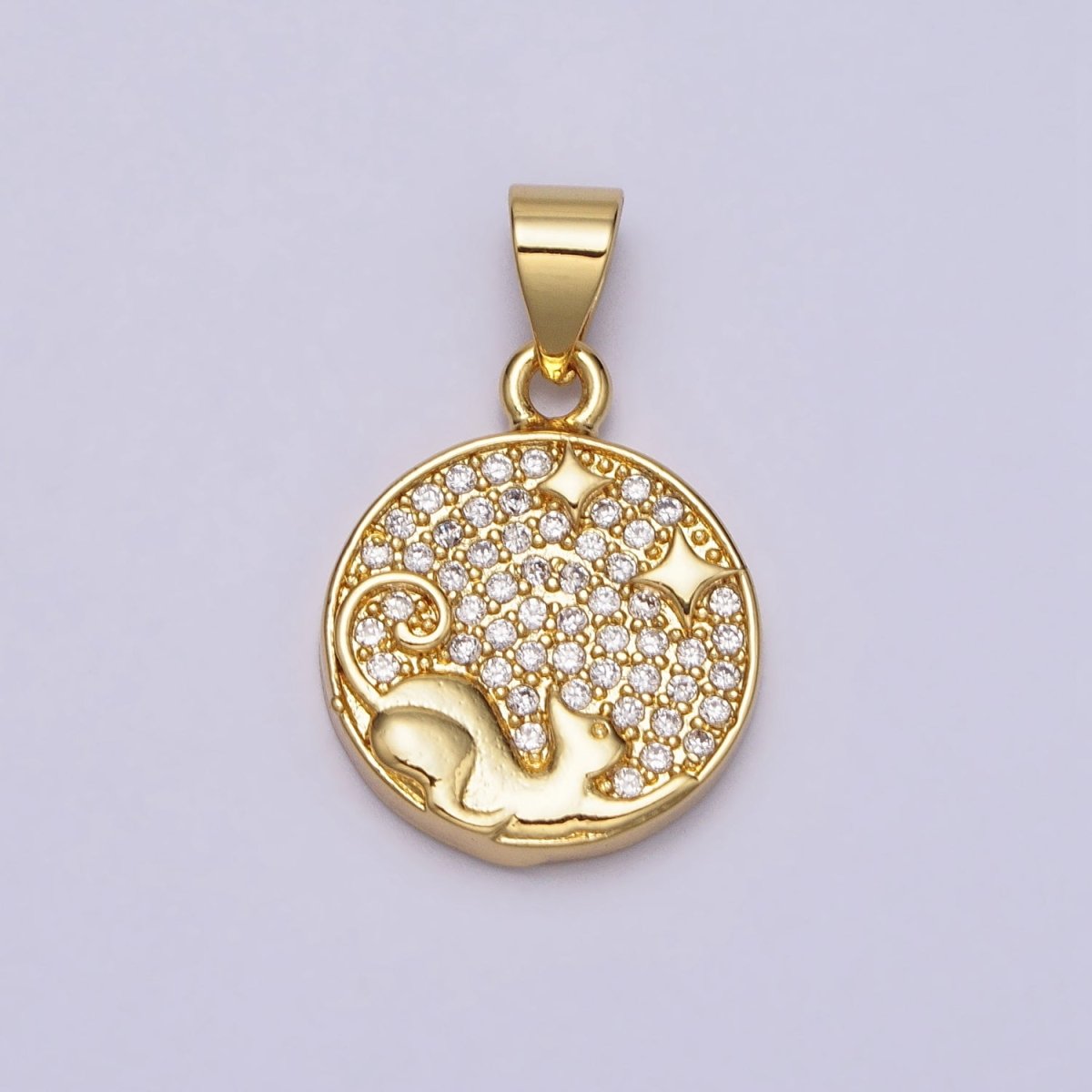 Clear Micro Paved CZ Curling Pet Cat Stars Gold Round Pendant | AA092 - DLUXCA