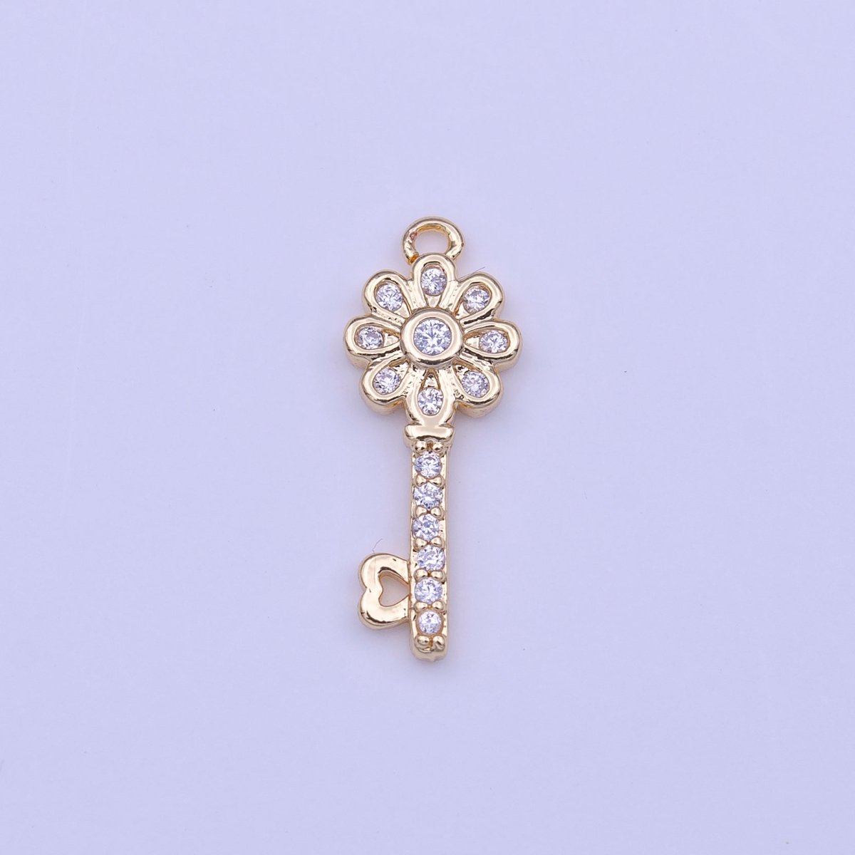 Clear Micro Paved CZ Flower Heart Key Lock Gold Charm | C-580
