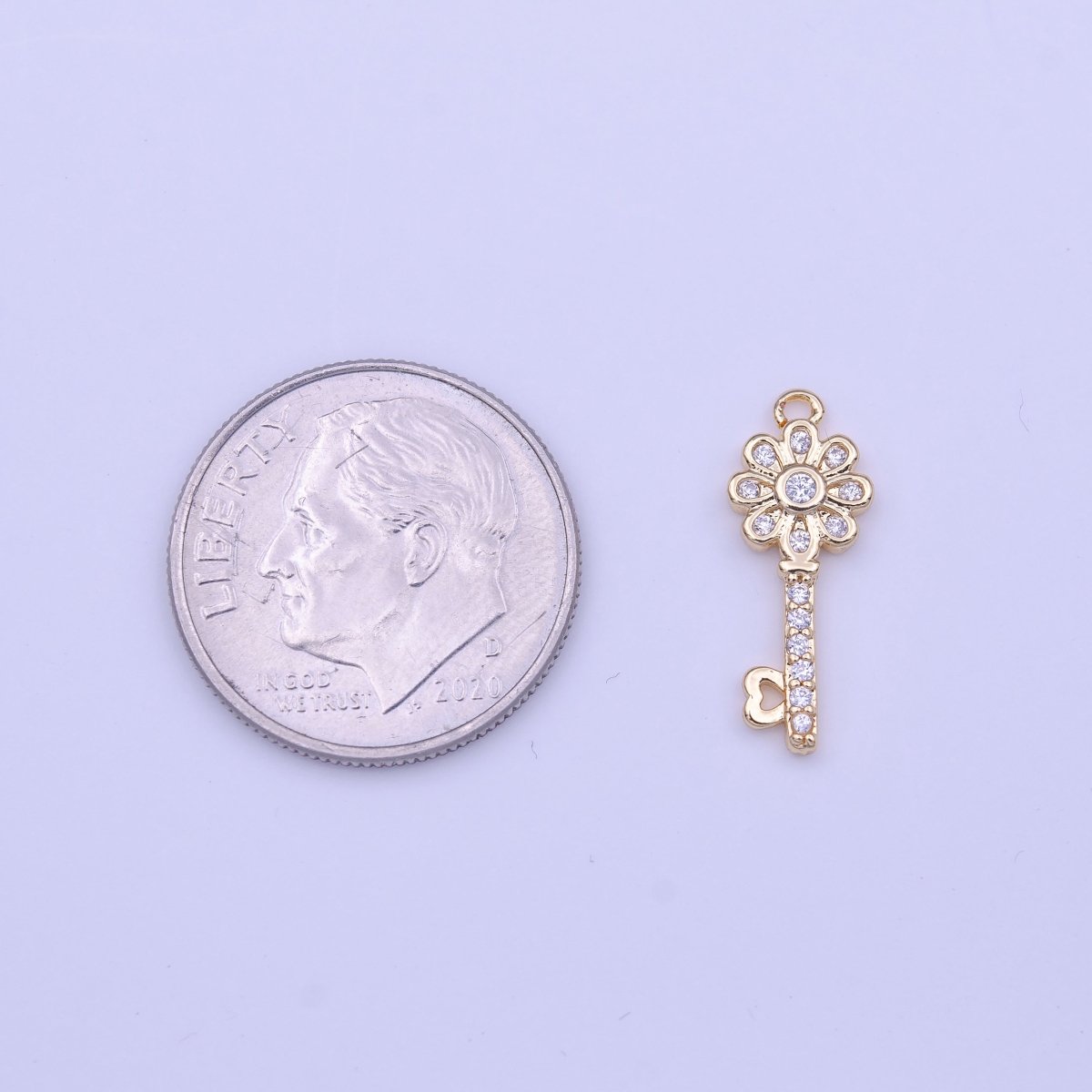 Clear Micro Paved CZ Flower Heart Key Lock Gold Charm | C-580