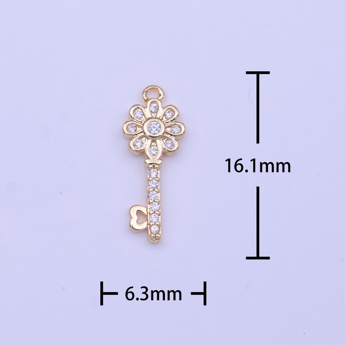 Clear Micro Paved CZ Flower Heart Key Lock Gold Charm | C-580
