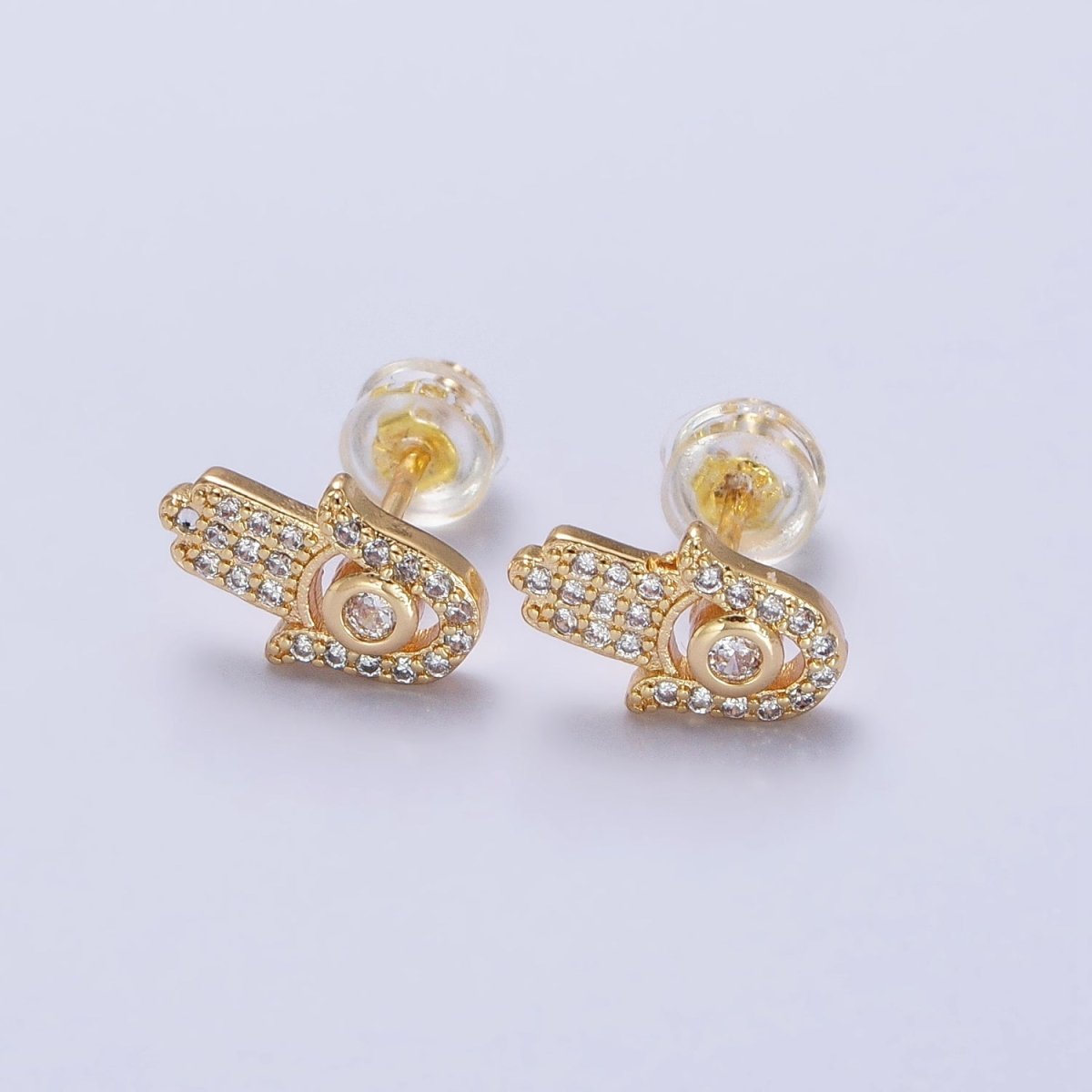 Clear Micro Paved CZ Hamsa Hand Evil Eye Mini Stud Earrings in Gold & Silver | AB503 AB509