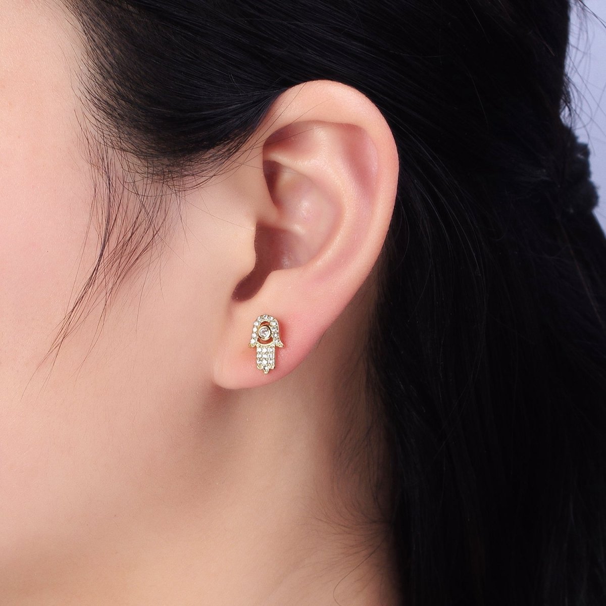Clear Micro Paved CZ Hamsa Hand Evil Eye Mini Stud Earrings in Gold & Silver | AB503 AB509
