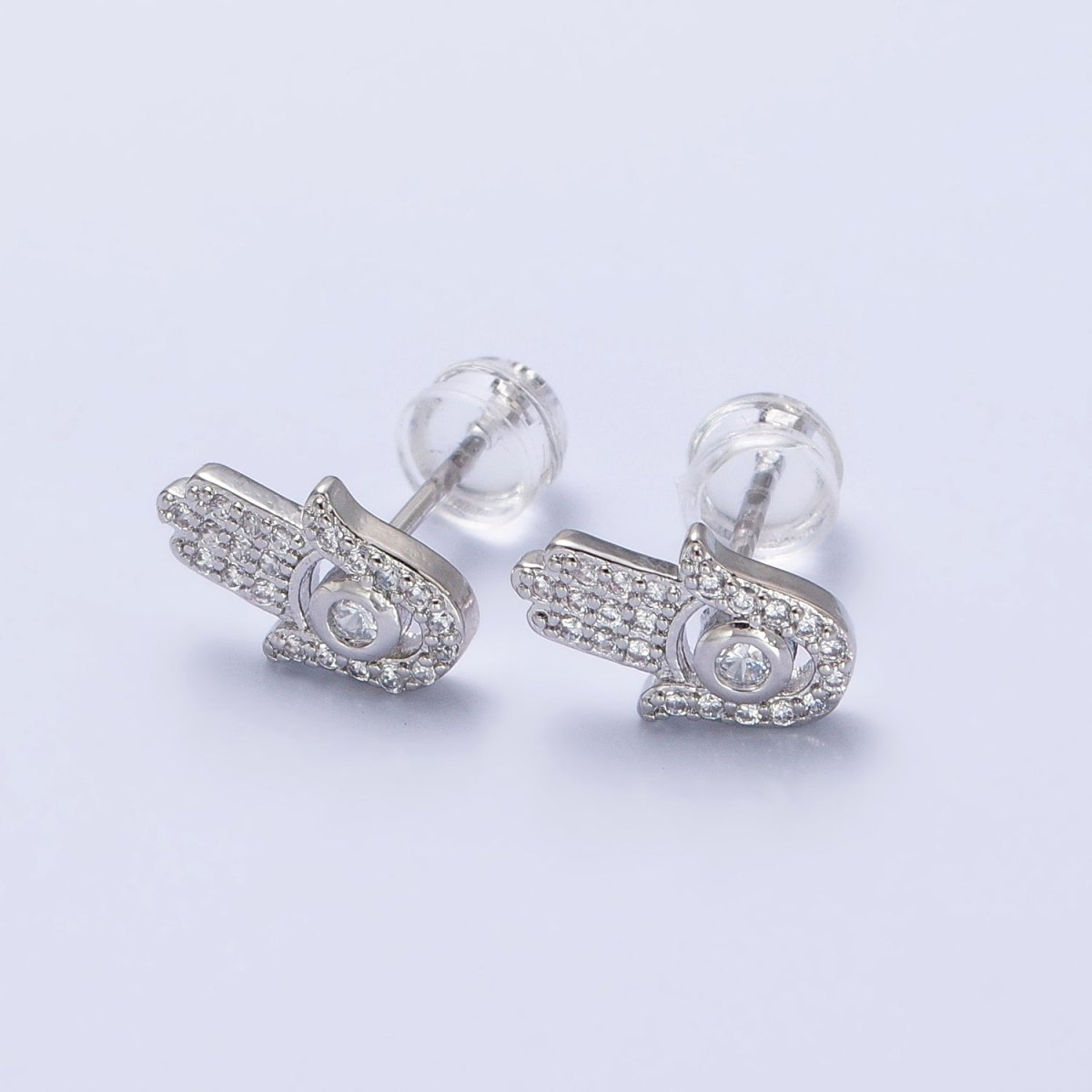 Clear Micro Paved CZ Hamsa Hand Evil Eye Mini Stud Earrings in Gold & Silver | AB503 AB509