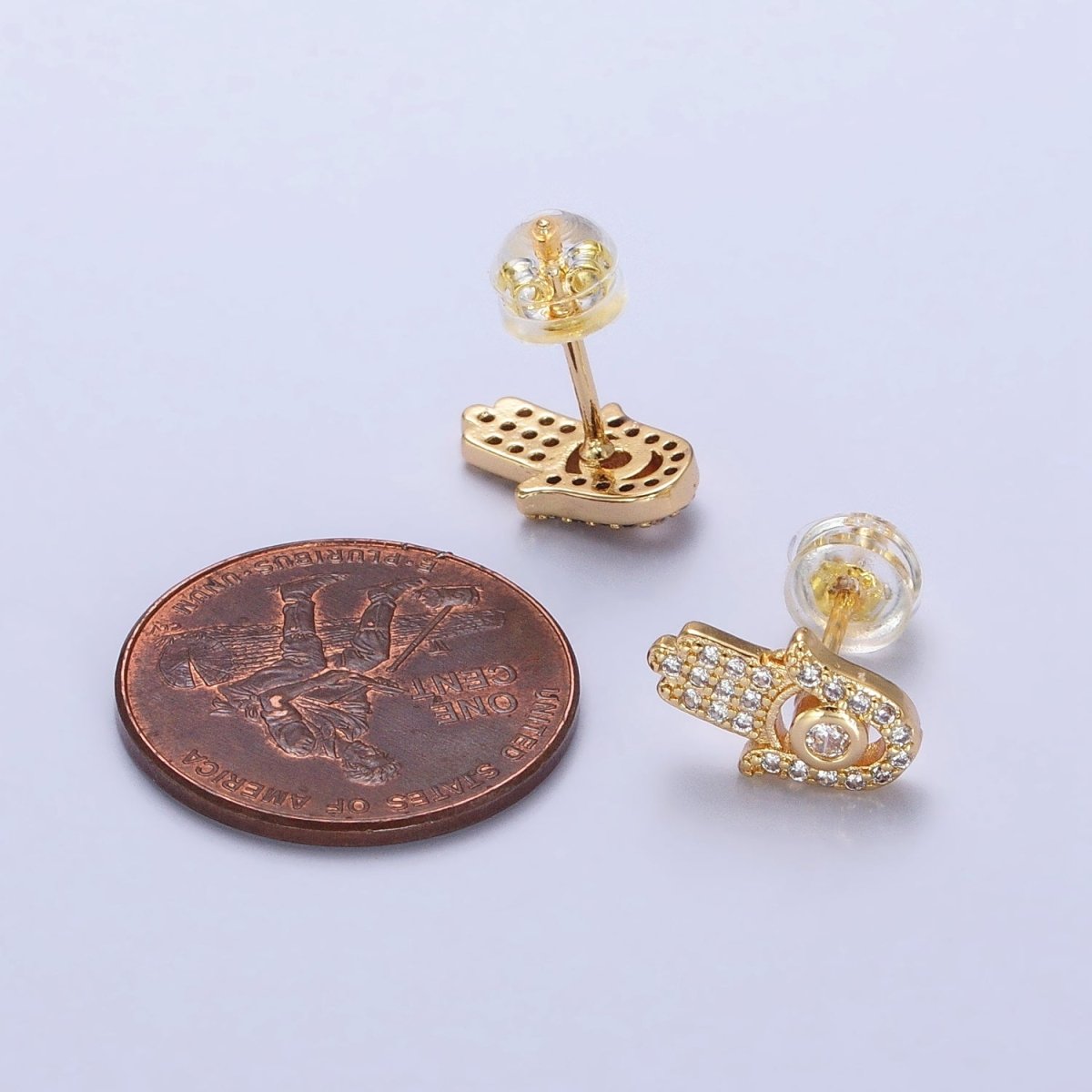 Clear Micro Paved CZ Hamsa Hand Evil Eye Mini Stud Earrings in Gold & Silver | AB503 AB509