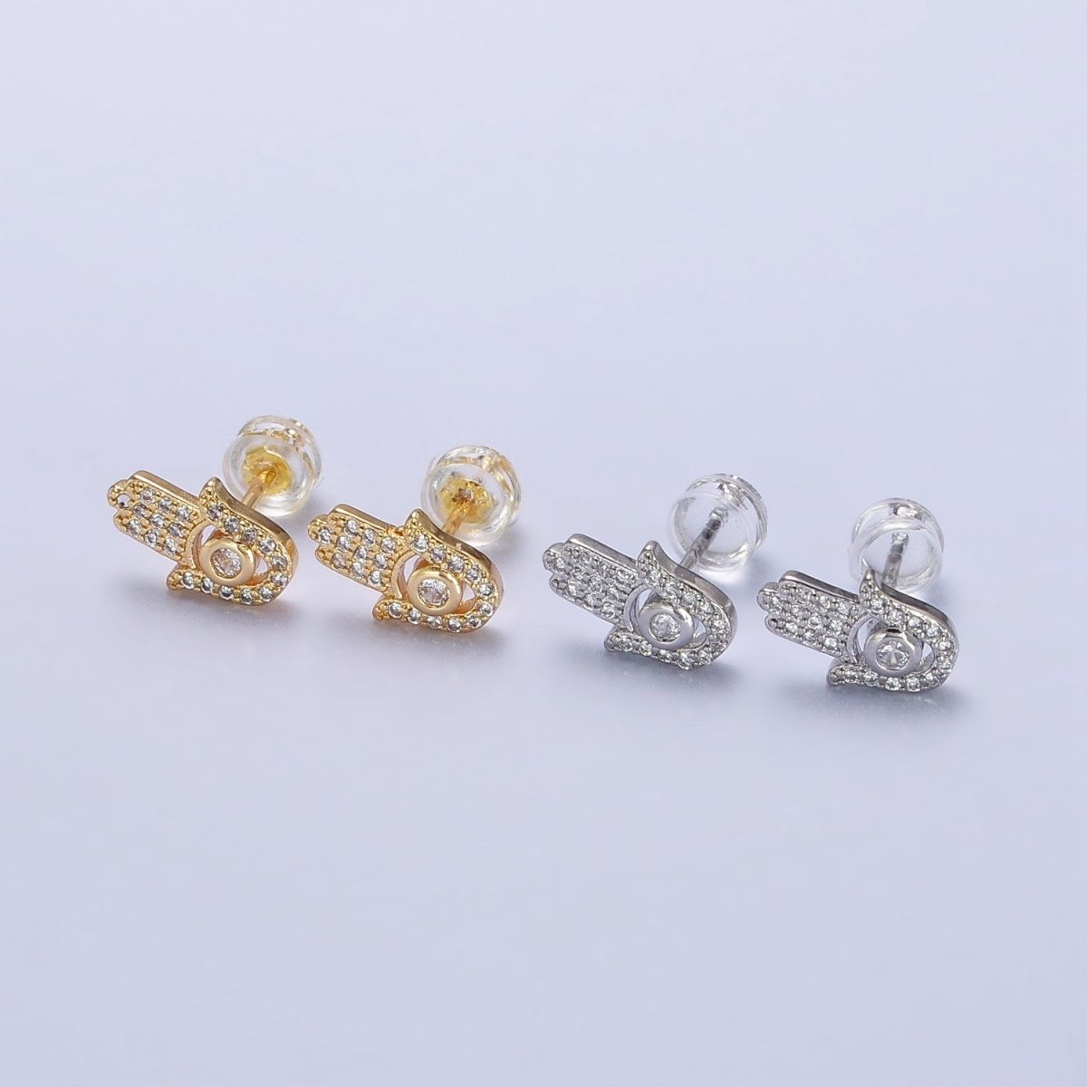Clear Micro Paved CZ Hamsa Hand Evil Eye Mini Stud Earrings in Gold & Silver | AB503 AB509