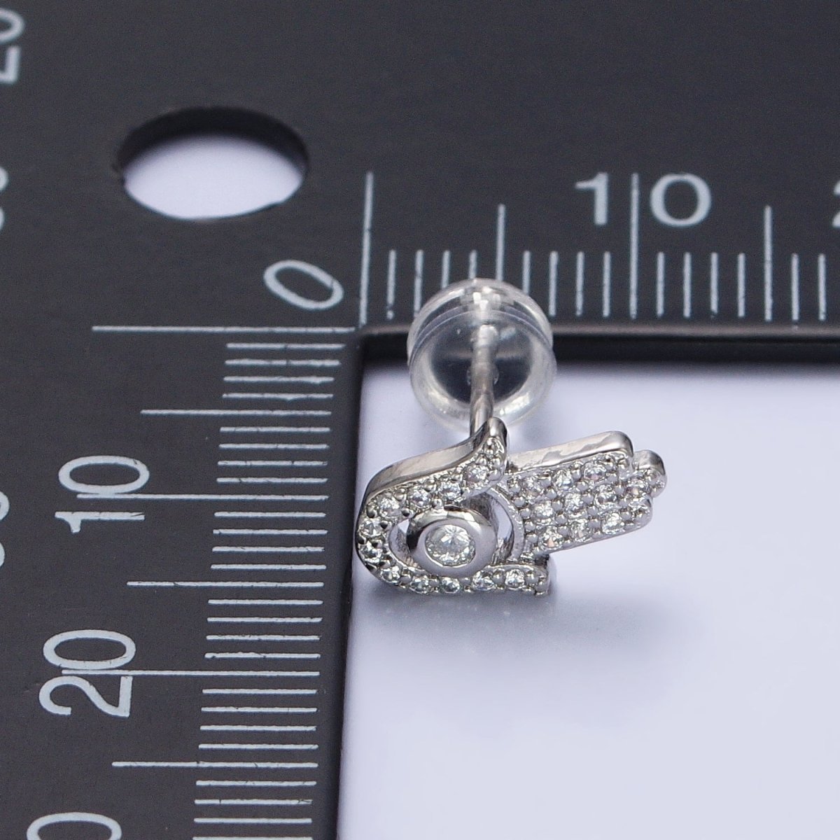 Clear Micro Paved CZ Hamsa Hand Evil Eye Mini Stud Earrings in Gold & Silver | AB503 AB509