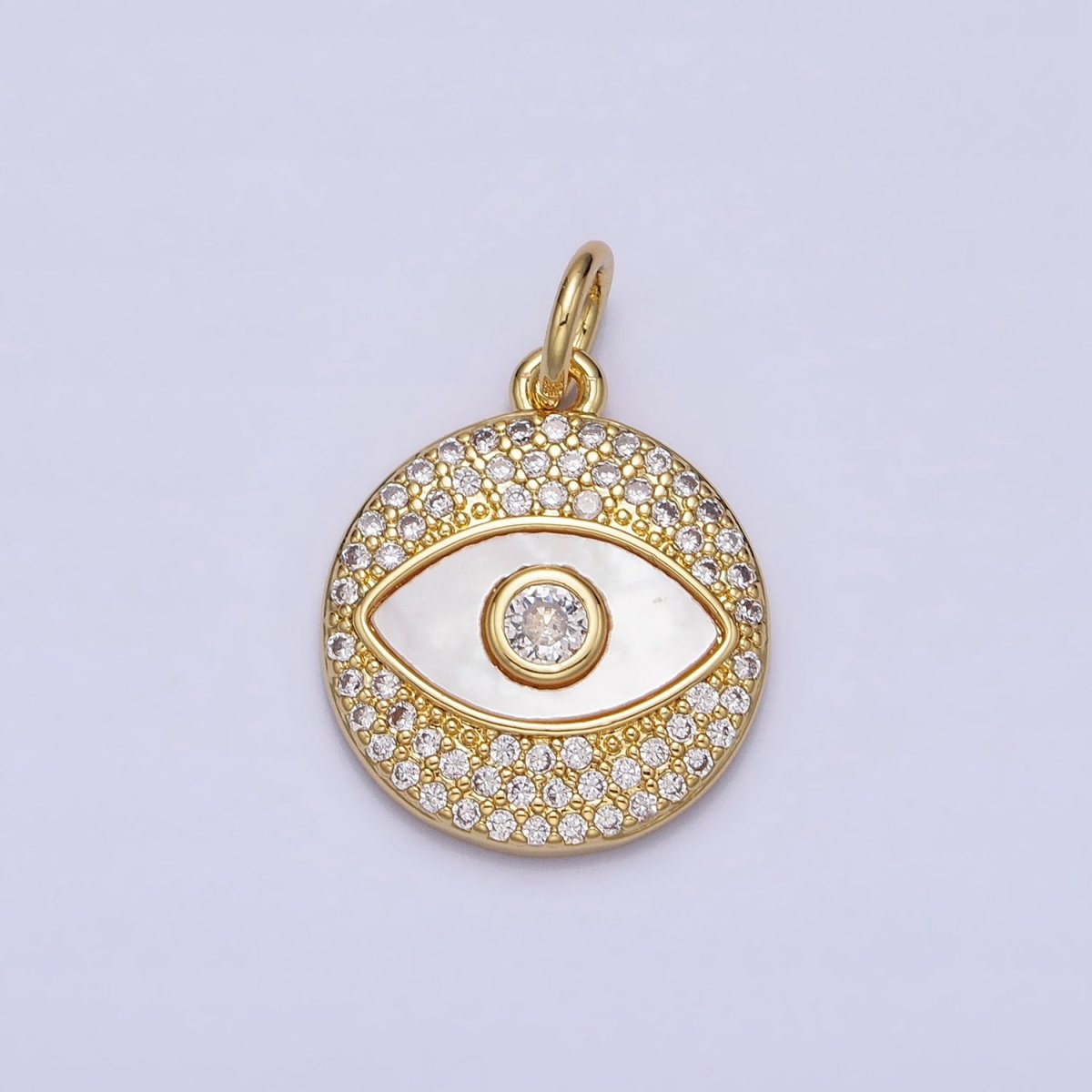 Clear Micro Paved CZ Shell Pearl Evil Eye Round Gold Charm | AC363 - DLUXCA