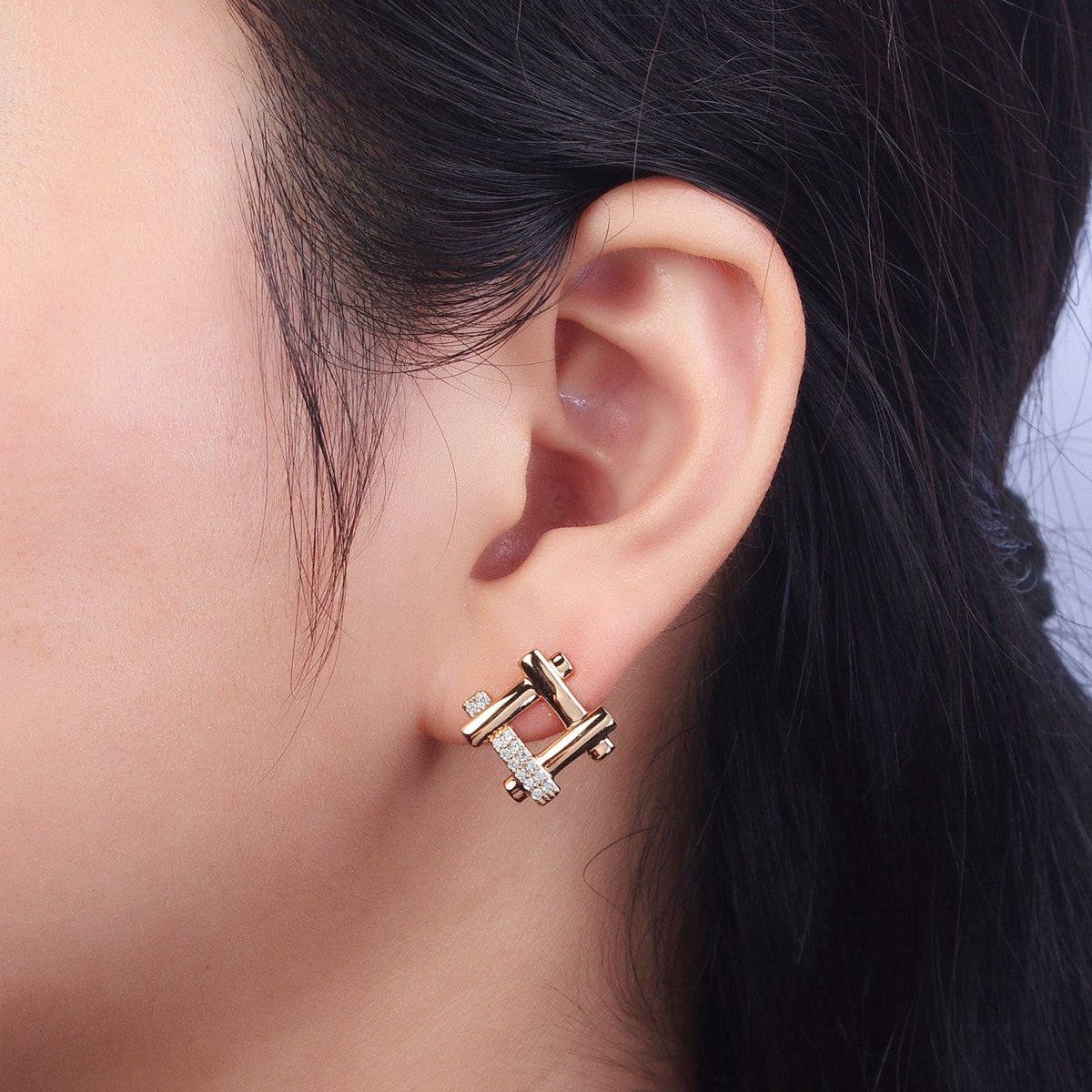Clear Micro Paved CZ Woven Geometric Square Pinky Gold Stud Earrings P-515 - DLUXCA