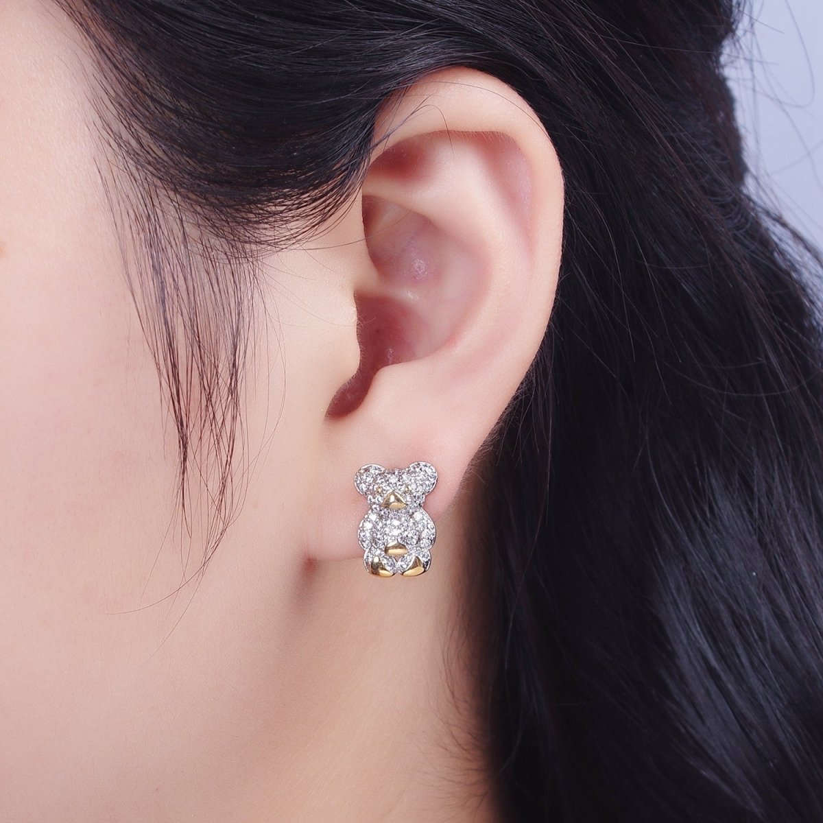 Clear Micro Paved Gold Teddy Bear Stud Earrings For Nature Jewelry Making | P-282 - DLUXCA
