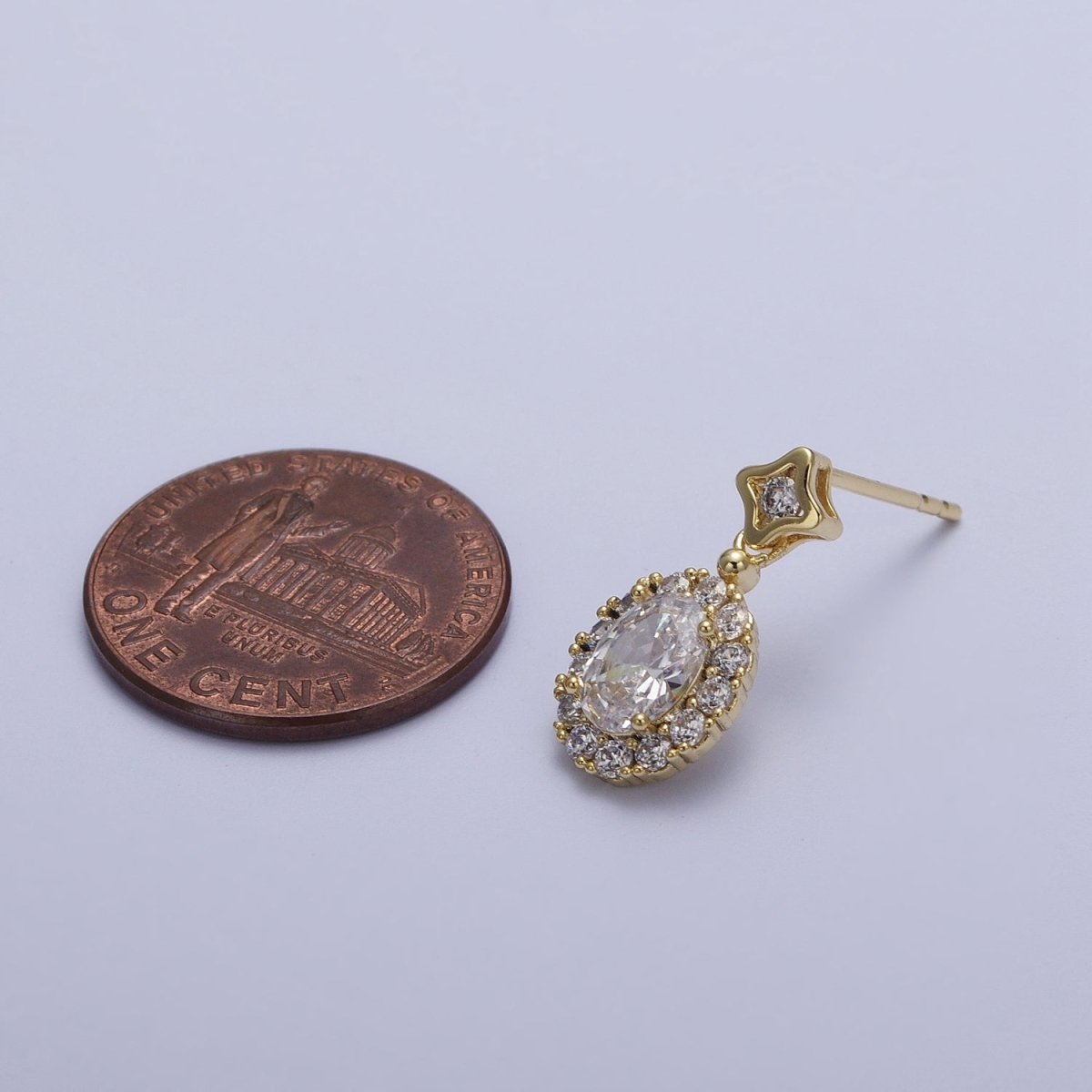 Clear Micro Paved Oval CZ Star Stud Drop Dangle Gold Earrings | Y-190 - DLUXCA