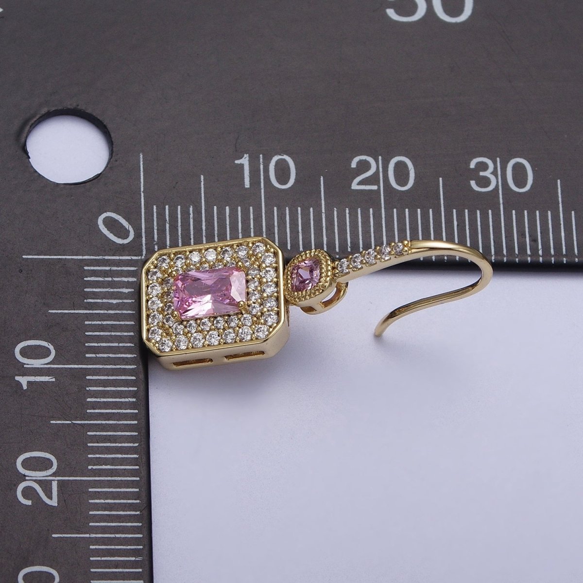 Clear, Pink Baguette Micro Paved CZ Drop Dangle French Hook Earrings | AD-193 AD-194