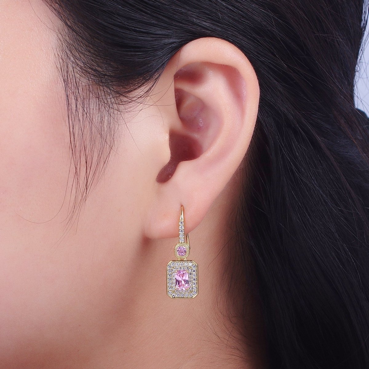 Clear, Pink Baguette Micro Paved CZ Drop Dangle French Hook Earrings | AD-193 AD-194