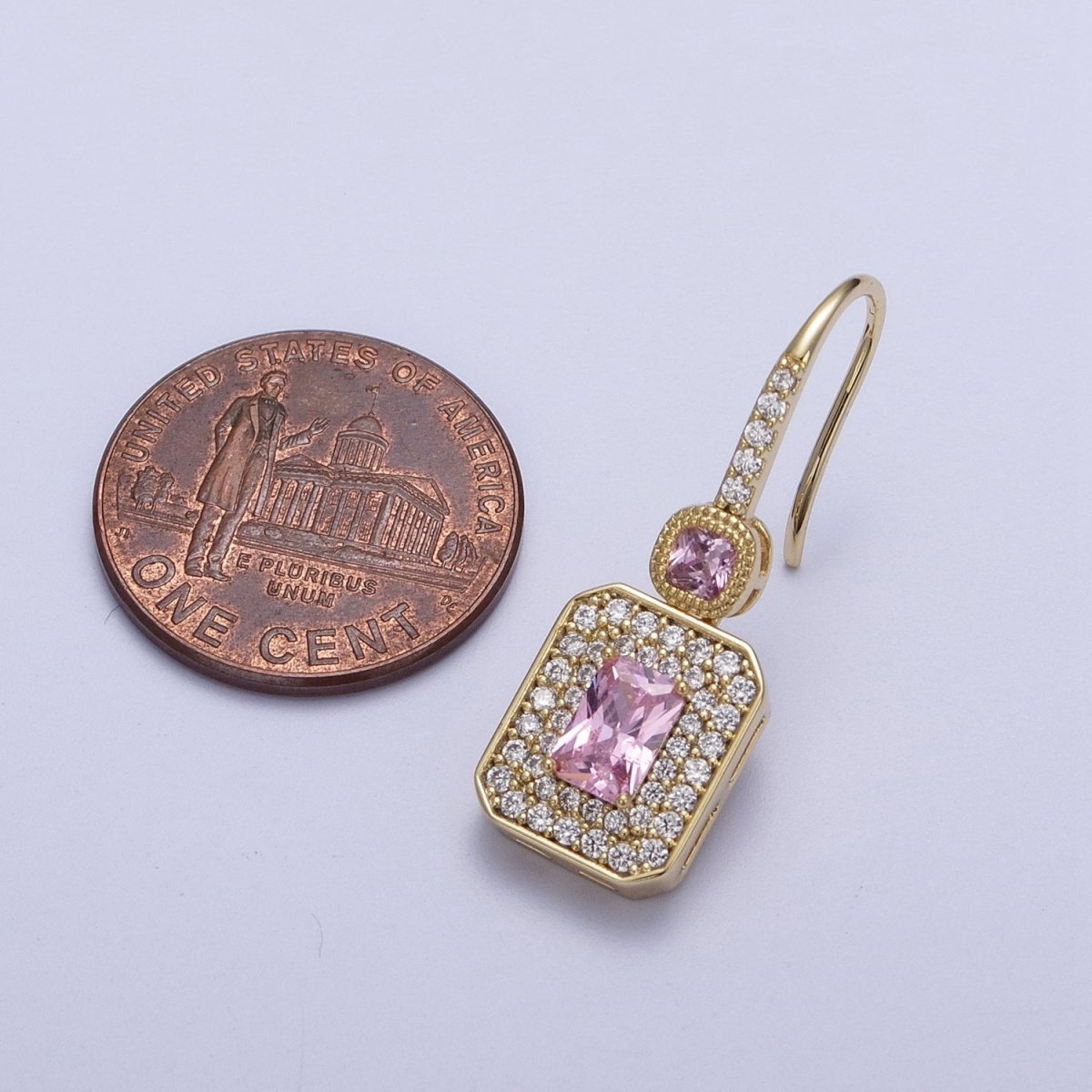 Clear, Pink Baguette Micro Paved CZ Drop Dangle French Hook Earrings | AD-193 AD-194