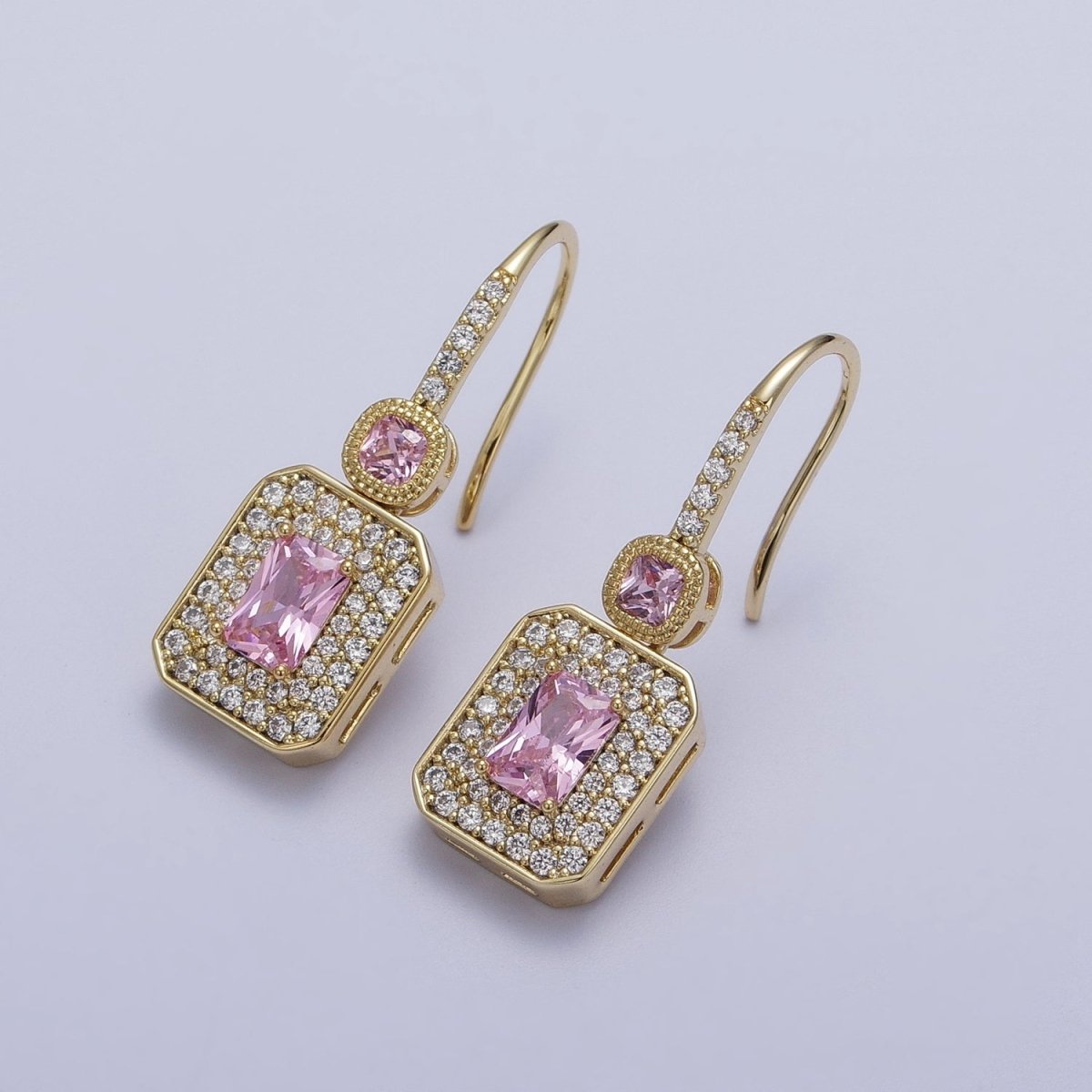Clear, Pink Baguette Micro Paved CZ Drop Dangle French Hook Earrings | AD-193 AD-194