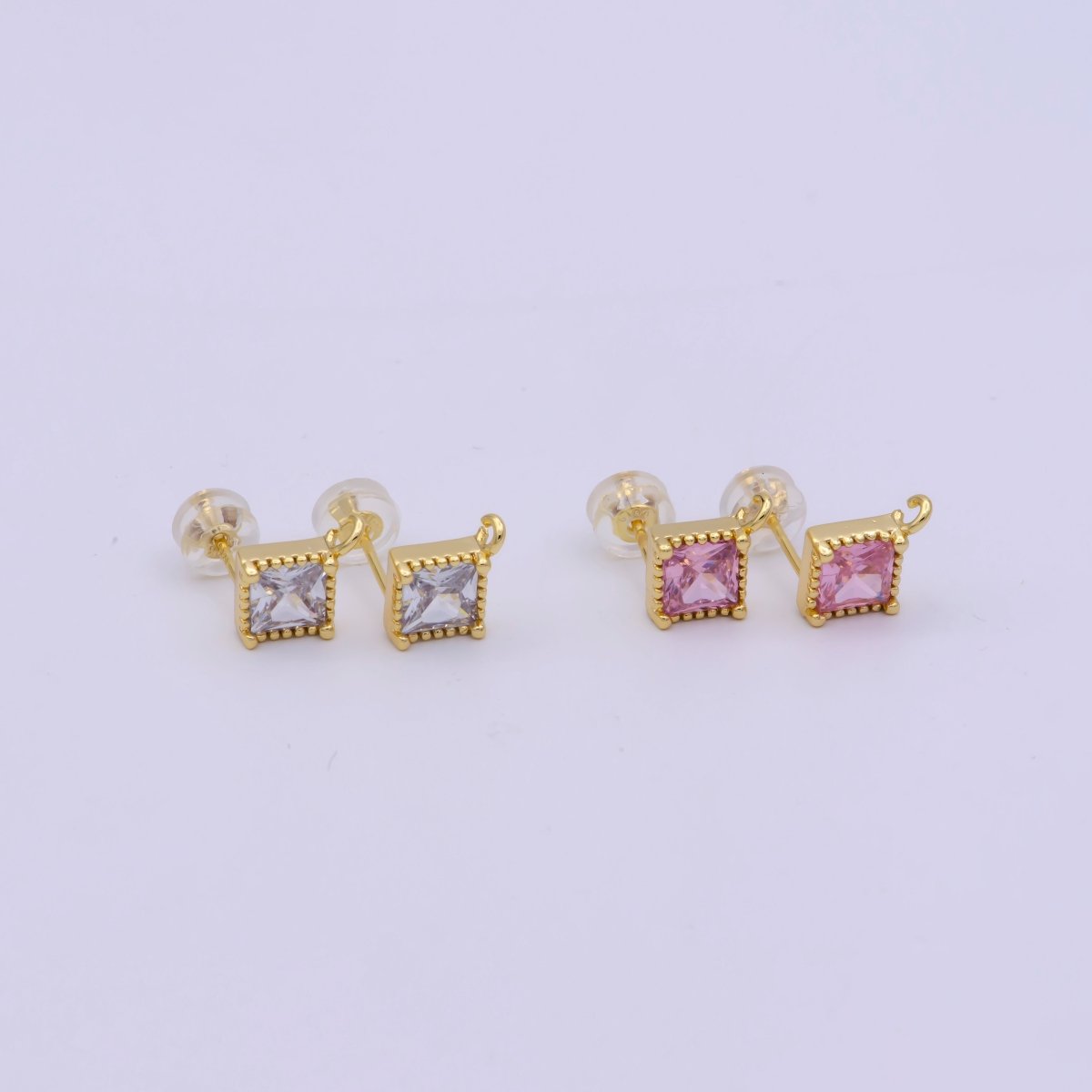 Clear / Pink Cz Stud 14K Gold Filled Rhombus Ear Studs Geometry Earring Studs With Open link for Earring Making L-539 L-553
