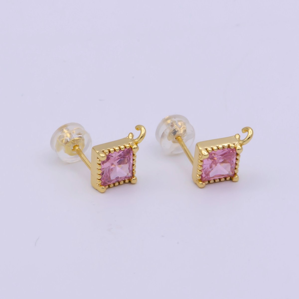 Clear / Pink Cz Stud 14K Gold Filled Rhombus Ear Studs Geometry Earring Studs With Open link for Earring Making L-539 L-553
