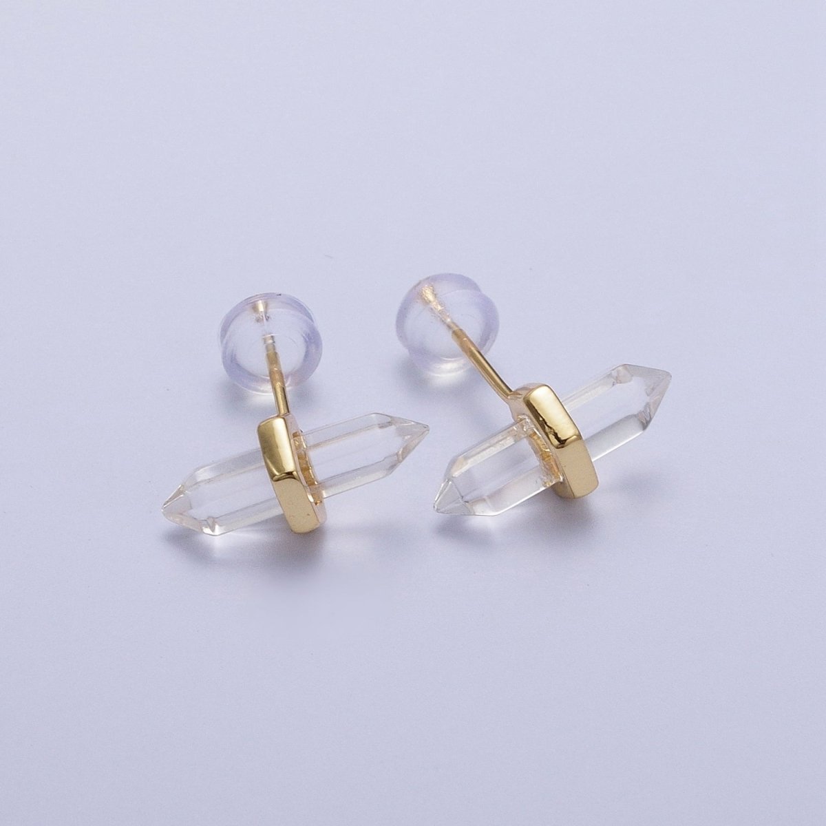 Clear Quartz Pointed Wand Gold Minimalist Stud Earrings | Y-097 - DLUXCA