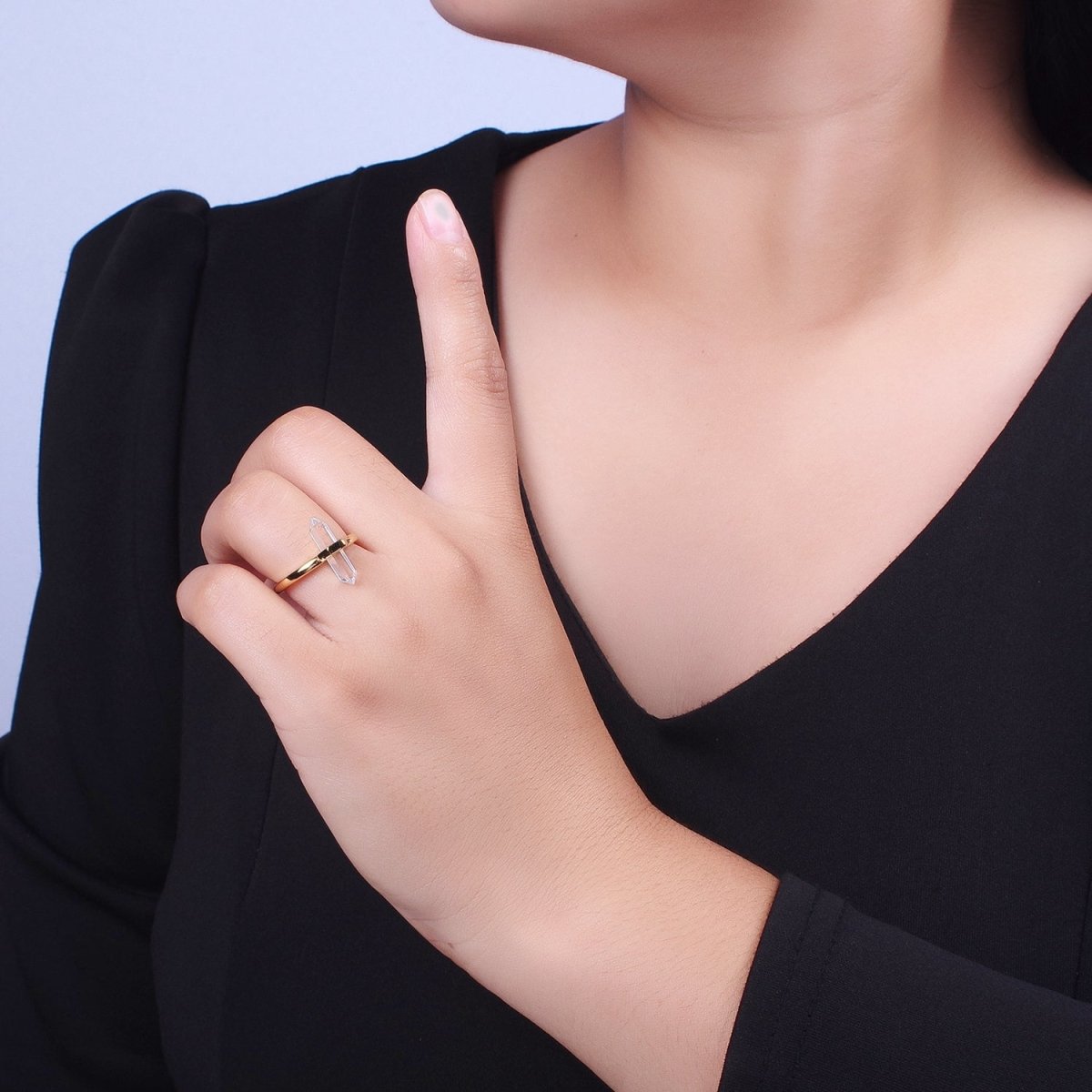OS Clear Quartz Pointed Wand Minimalist Gold Ring | O-024